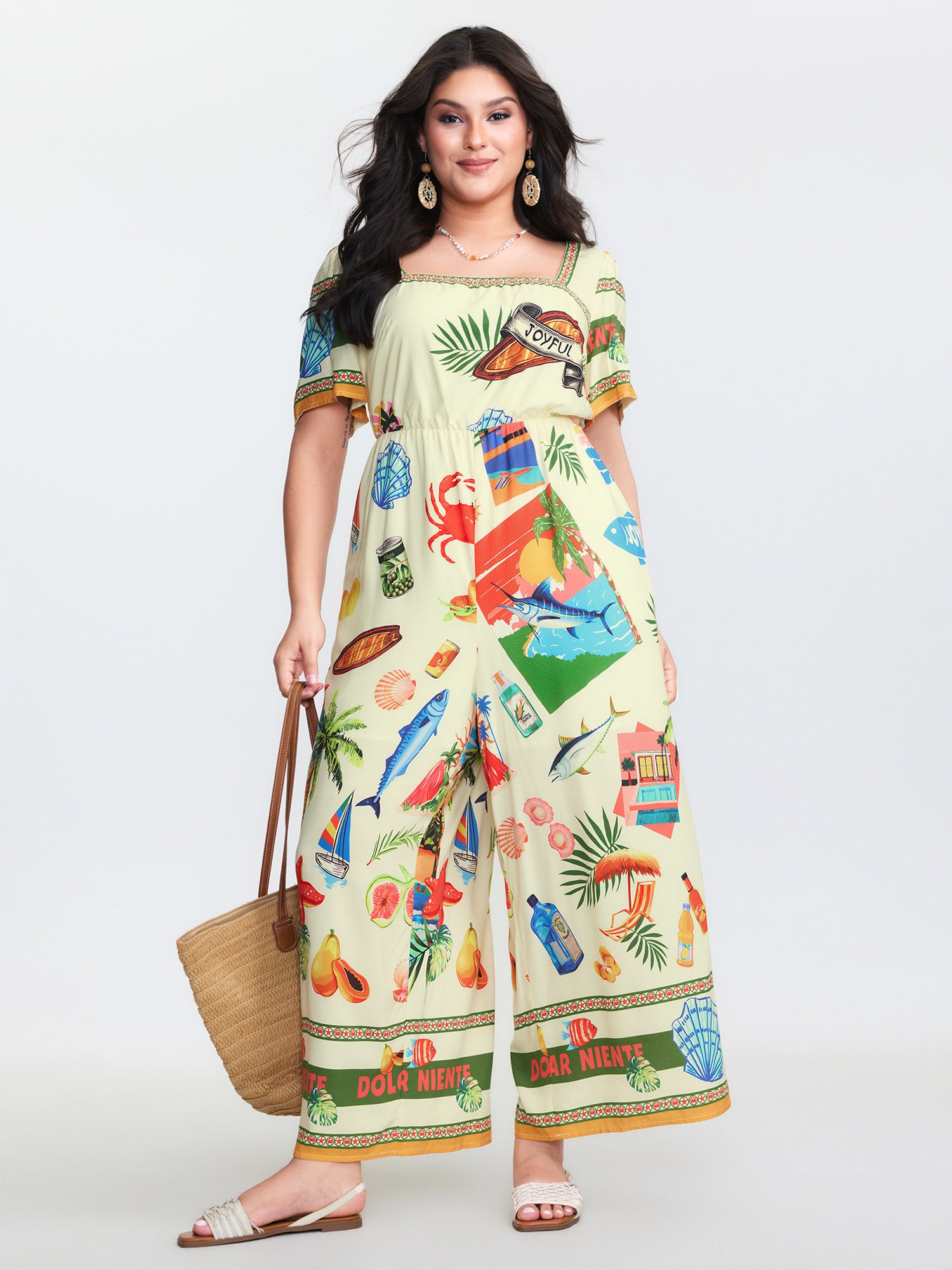 Island Print Square Neckline Jumpsuit