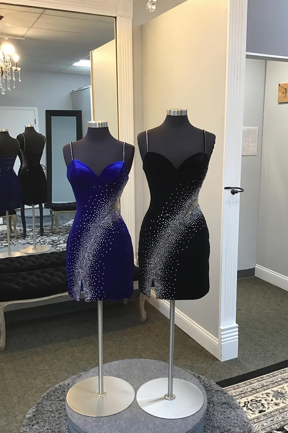 Glitter Royal Blue Velvet Tight Short Homecoming Dress/Mini Dress with Slit