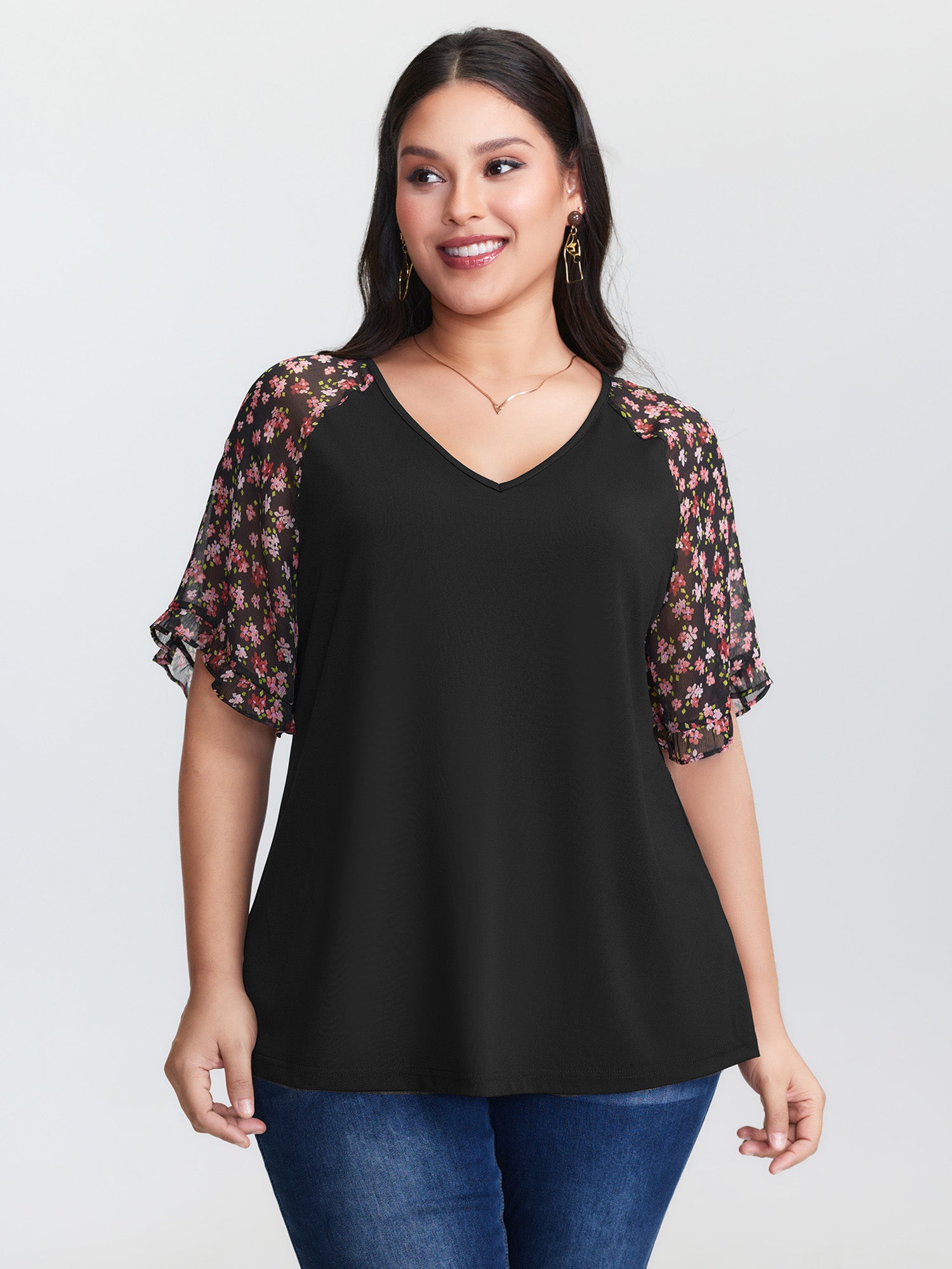 Sheer Floral Print Ruffled Cuff Sleeve Top