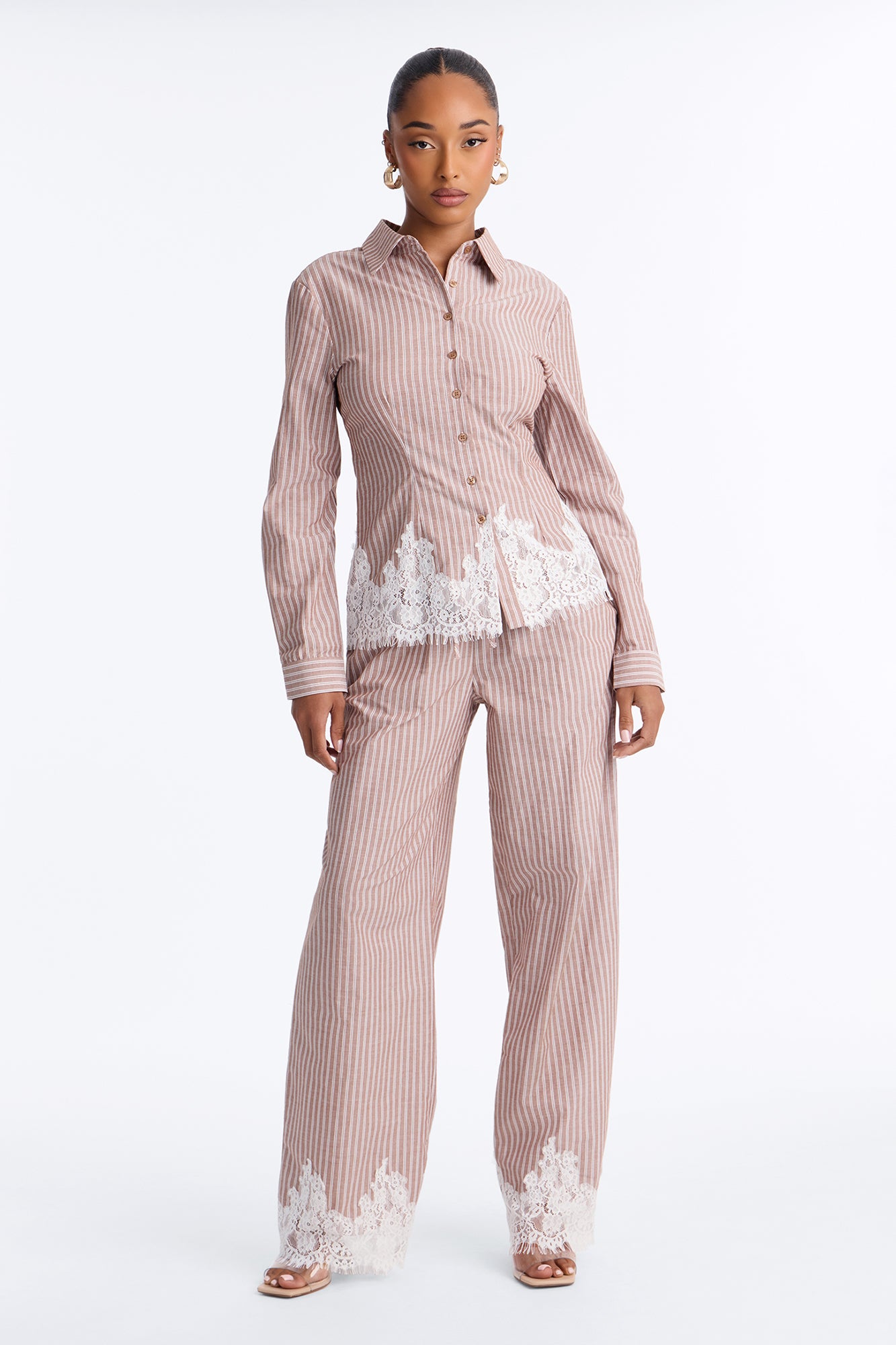 Maralyn Linen Lace Trim Pant Set - Mocha/combo