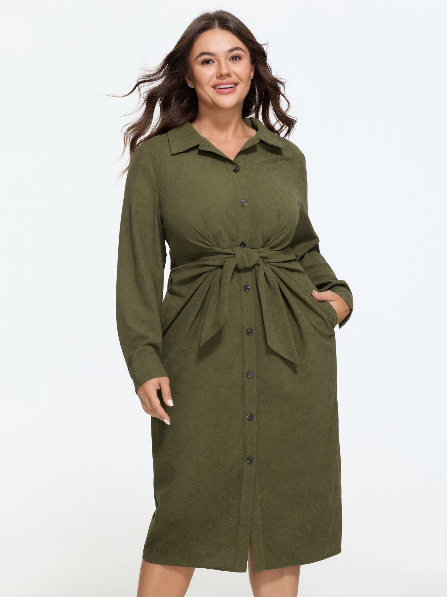 Lapel Collar Button Front Tie Waist Midi Dress
