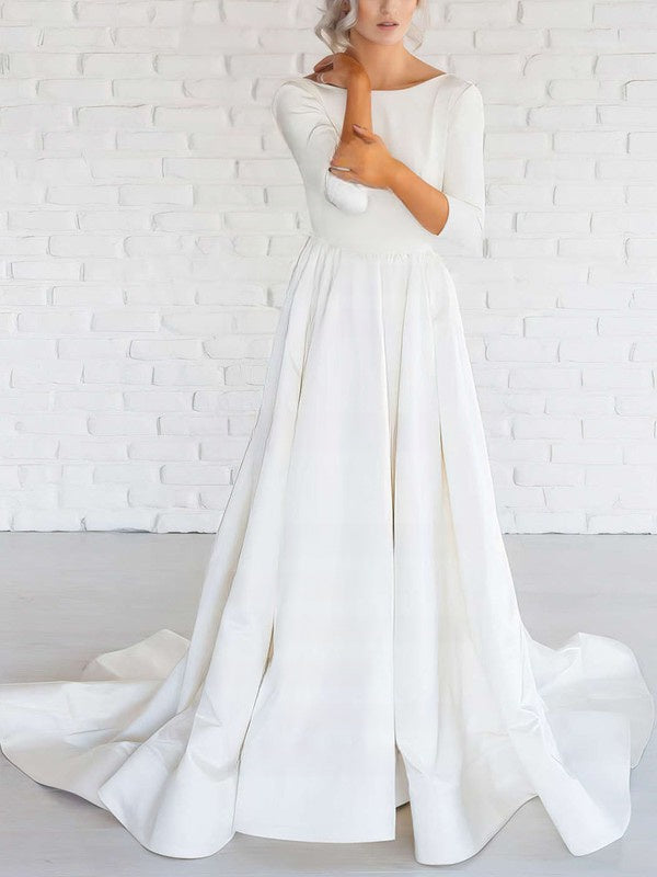 Chic A-Line Crew Neck 3/4 Long Sleeves Satin Court Train Wedding Dresses