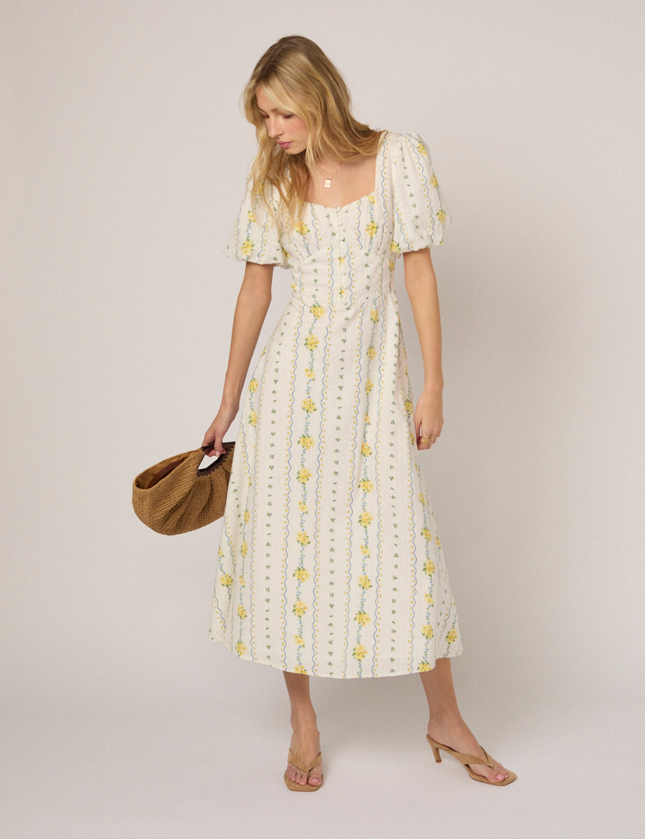 White Floral Puff Sleeve Melody Midi Dress