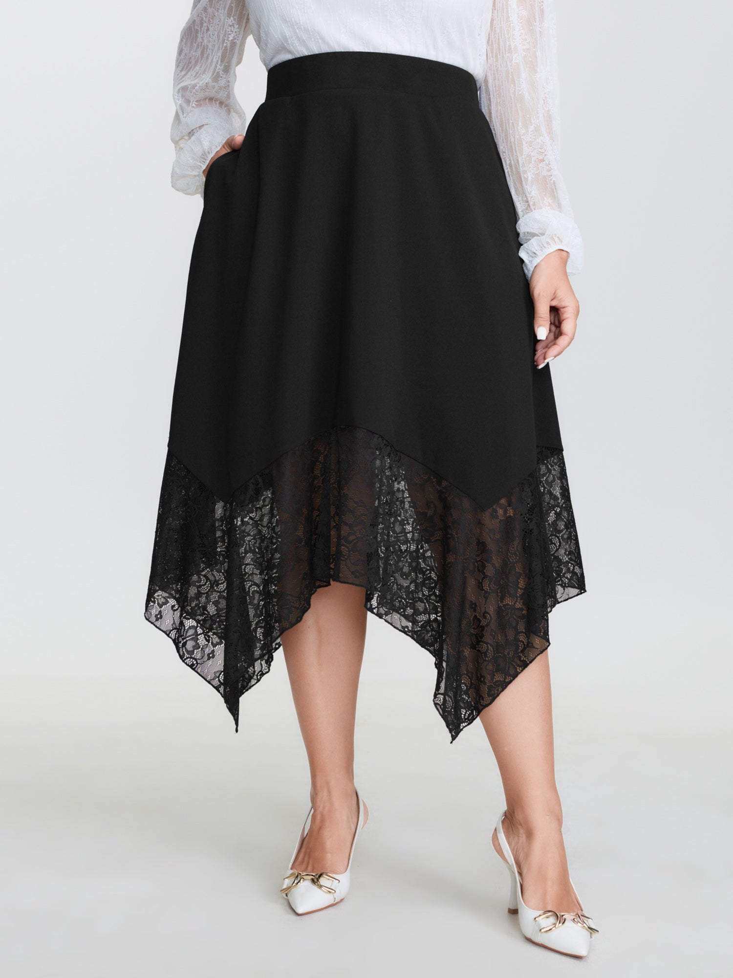 Sheer Lace Handkerchief Hem Midi Skirt