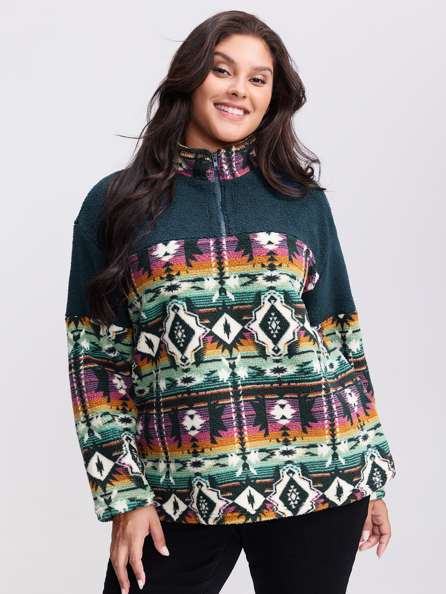 Boho Print Zipper Front Sweatshirt