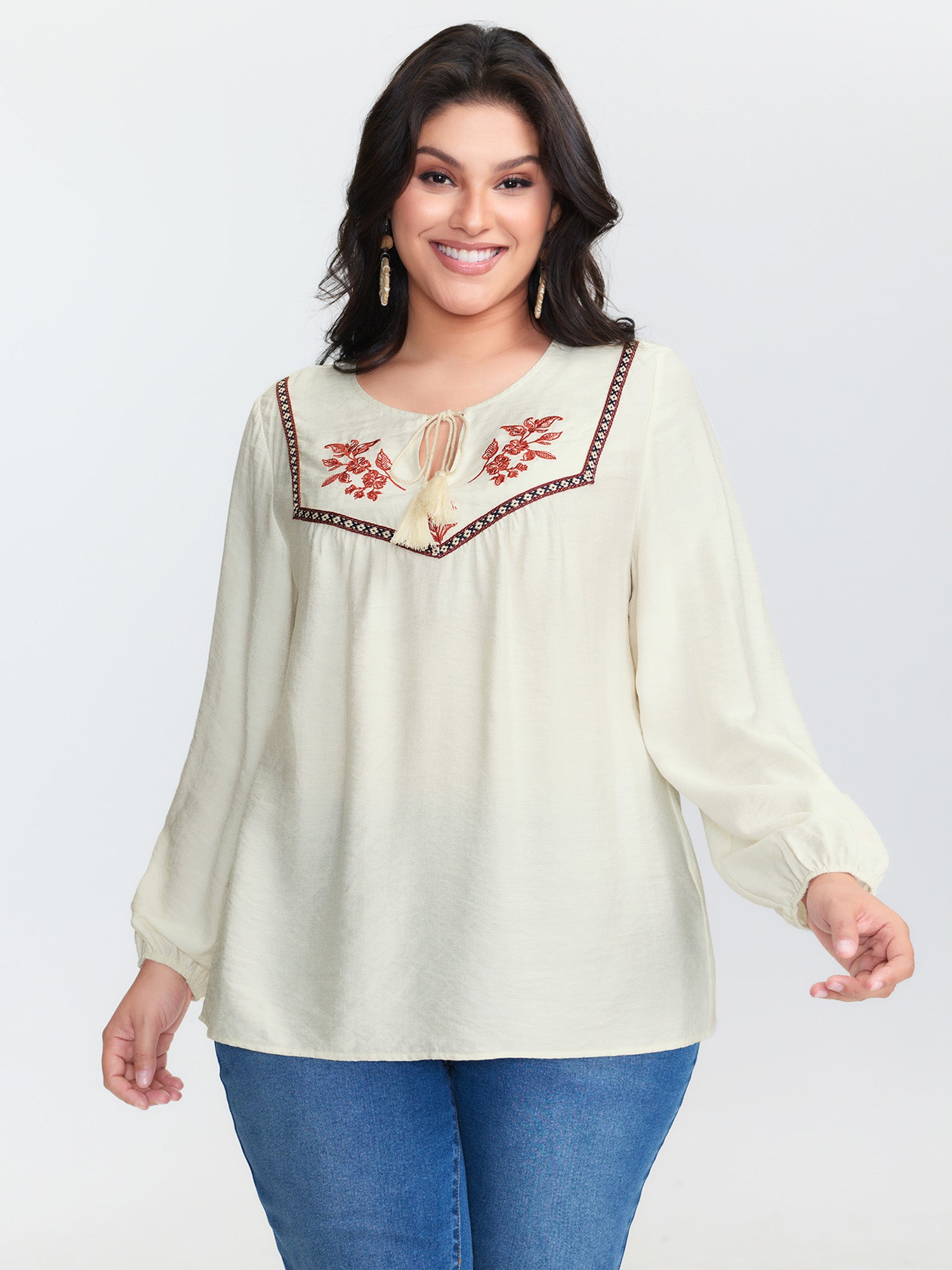 Floral Embroidered Drawstring Neckline Blouse