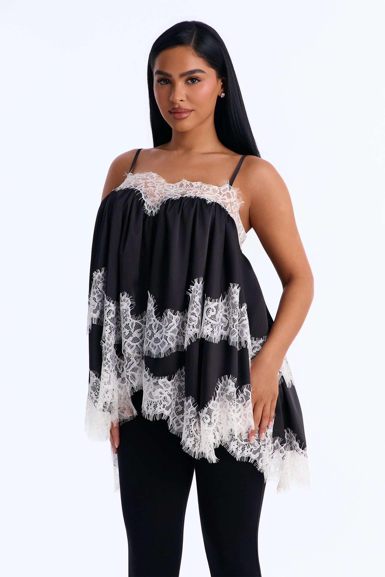 Tiana Lace Trim Satin Cami Top - Black/combo