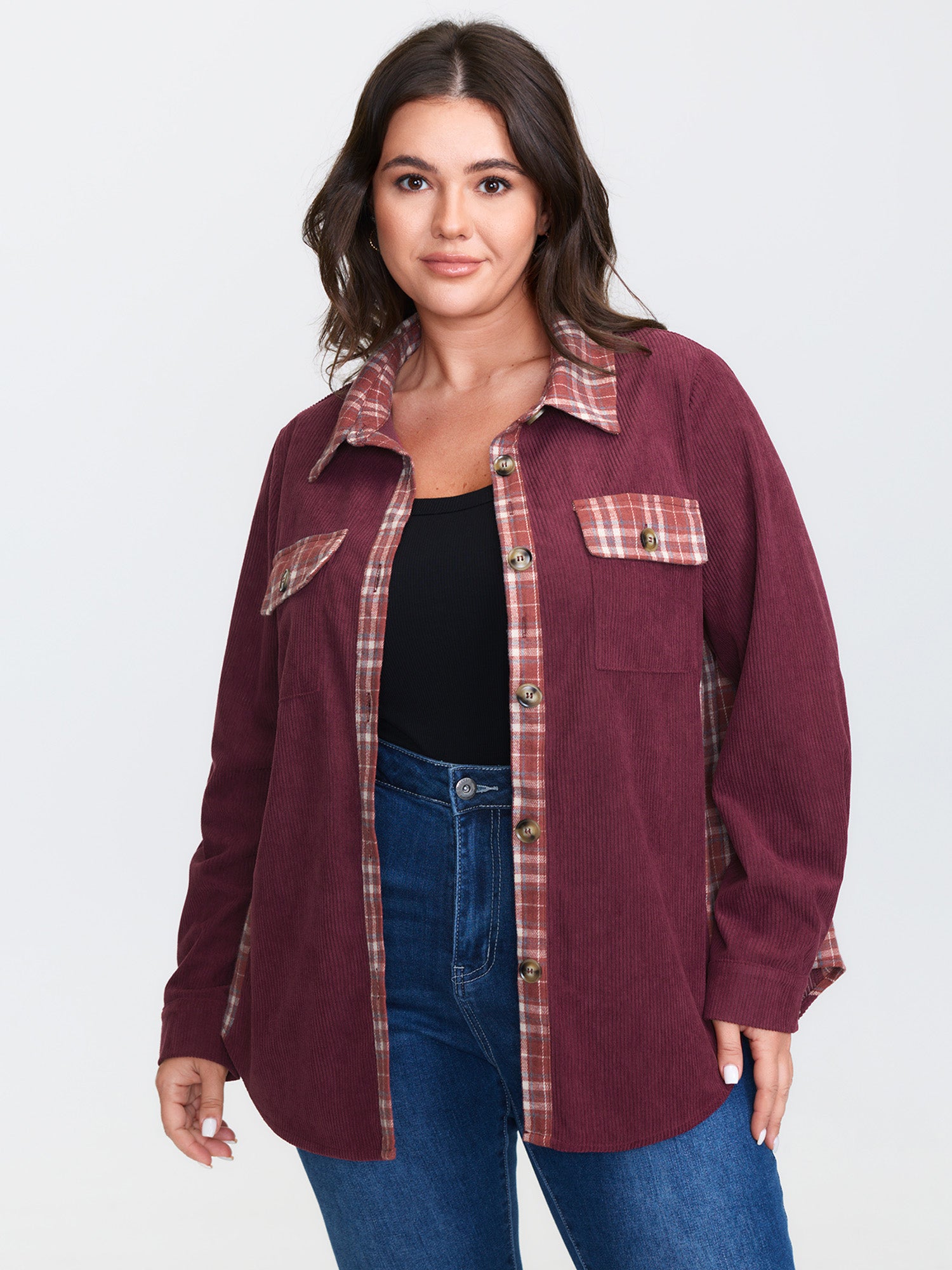 Plaid Pattern Textured Contrast Button-Down Shirt