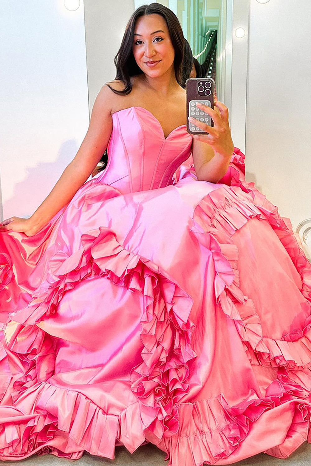 Long Satin Corset Prom Dress in Pink with Sweetheart Princess Ruffles