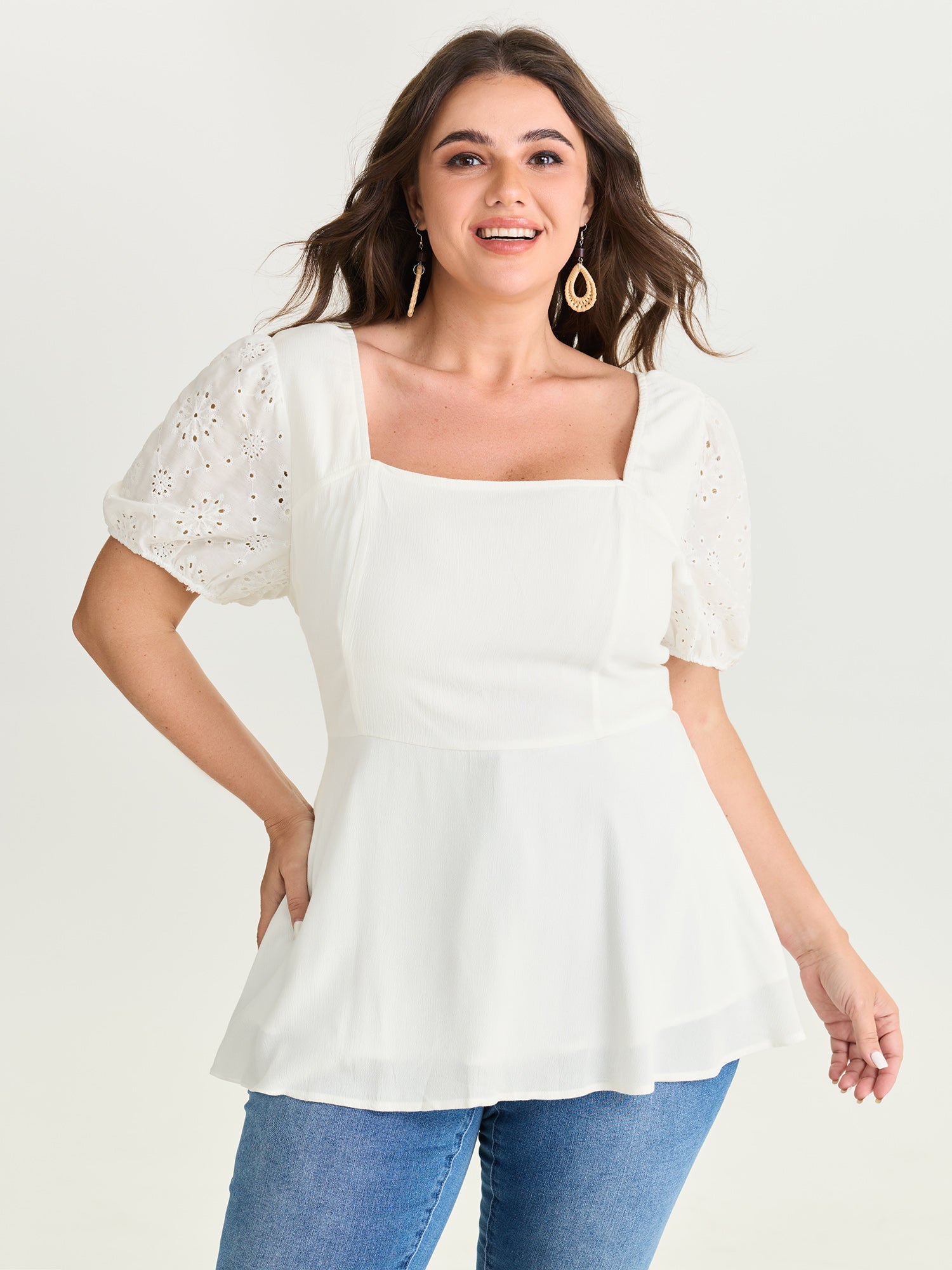 Cotton Floral Eyelet Trim Fit And Flare Blouse