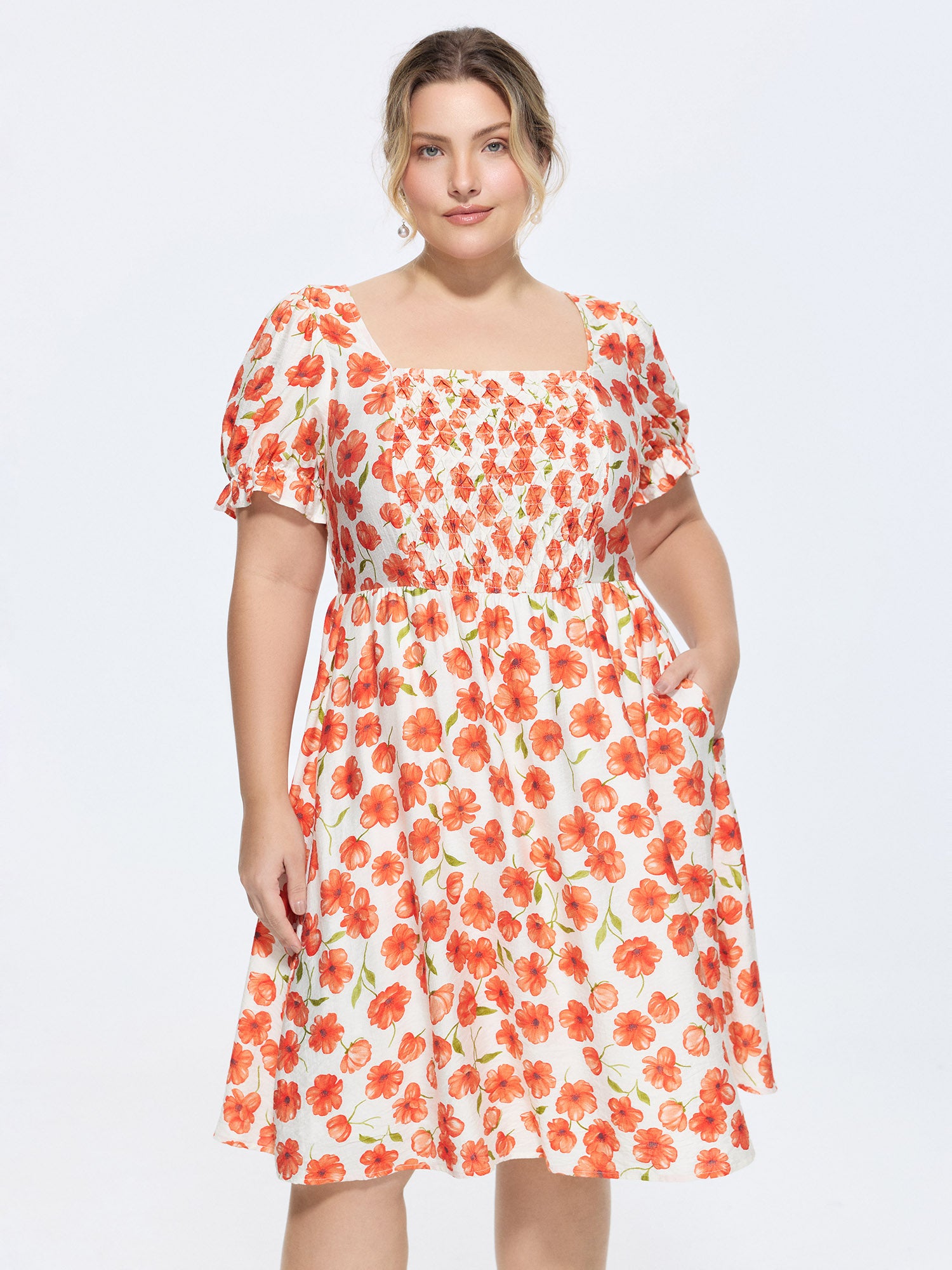 Floral Print Pockets Puff Sleeve Mini Dress