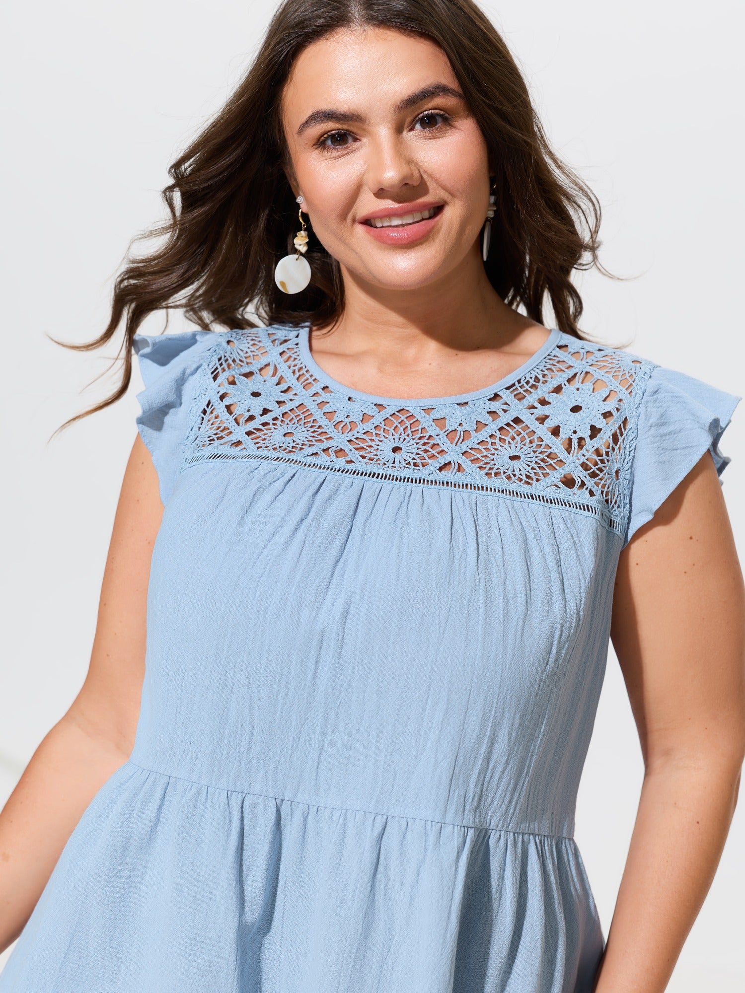 Textured Lace Hollow‑Out Flutter Sleeve Blouse