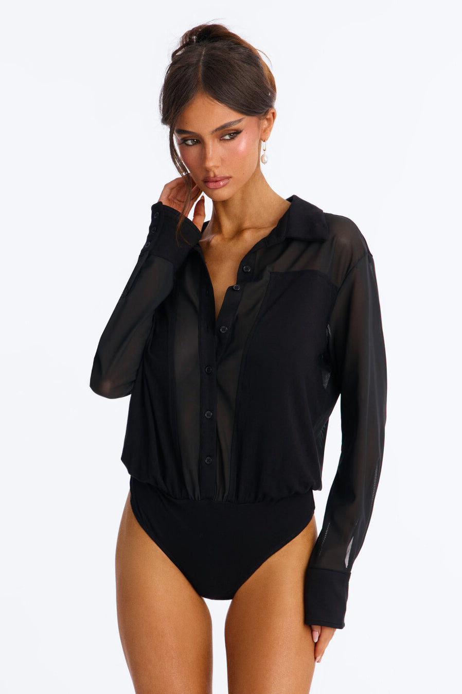 Executive Mindset Mesh Long Sleeve Collared Bodysuit - Black
