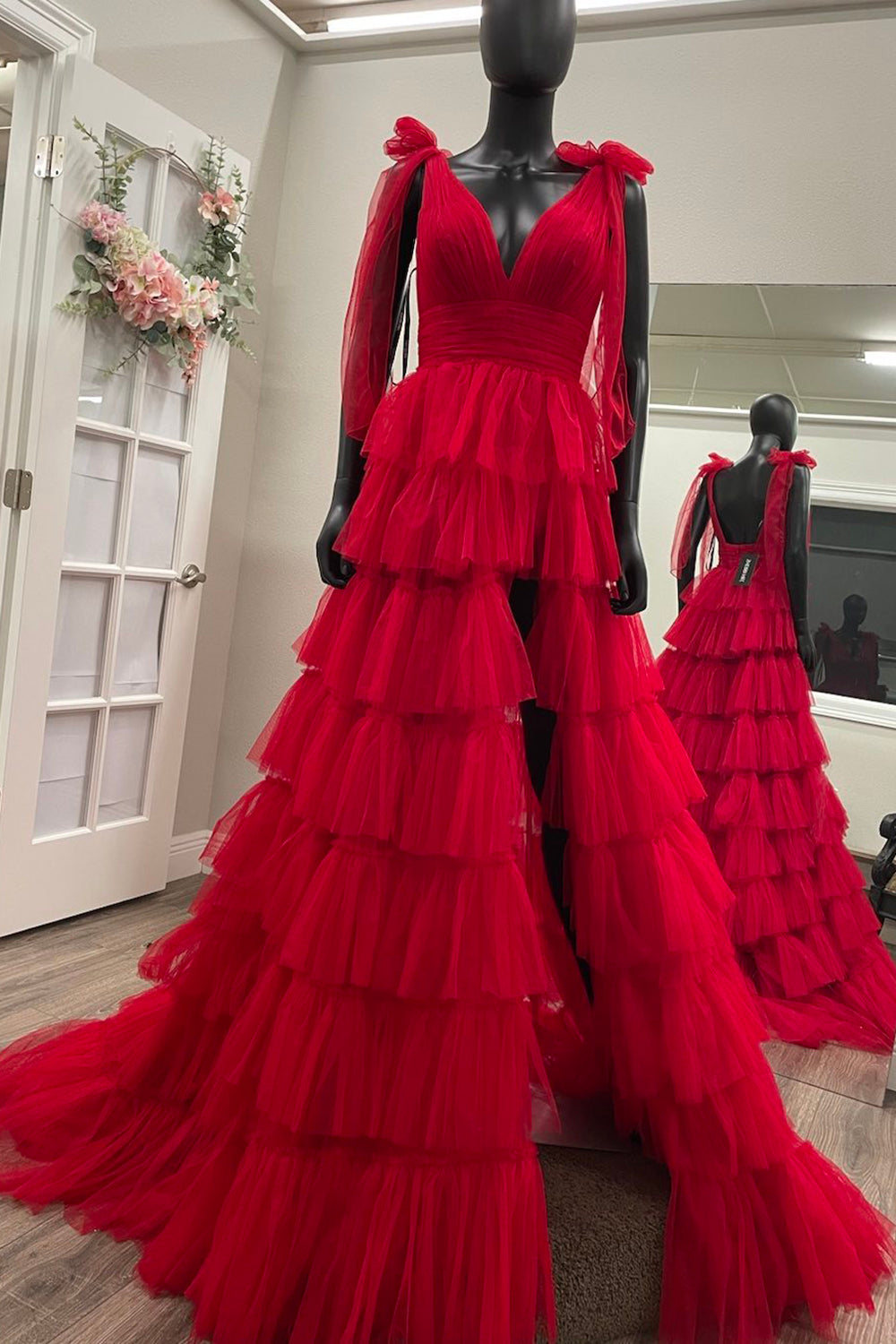 Red Long Prom Dress with Ruffles 鈥?Princess A-Line V-Neck