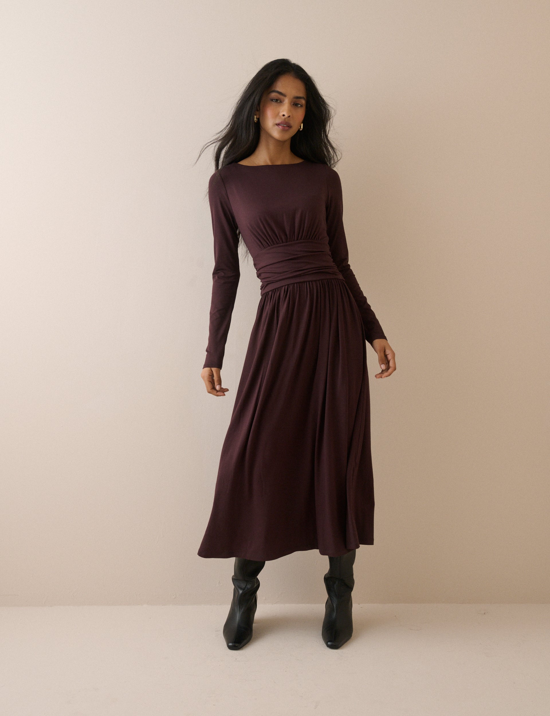 Plum Jersey Long Sleeve Ayla Midi Dress