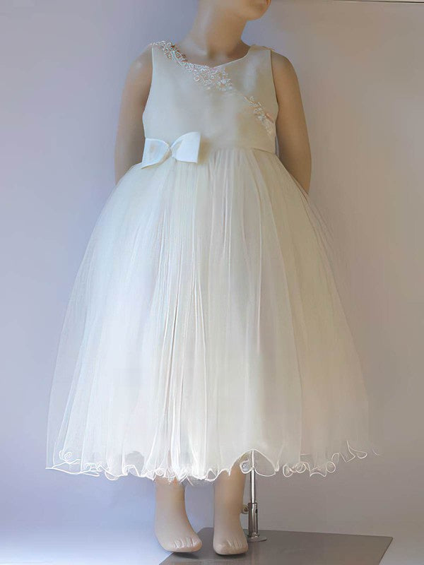 Beautiful A-Line Crew Neck Sleeveless Tulle Tea-length Flower Girl Dresses with Bow