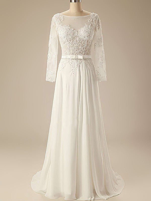 Charming Long Sleeves Backless A-Line Chiffon Sweep Train Wedding Dresses with Beads