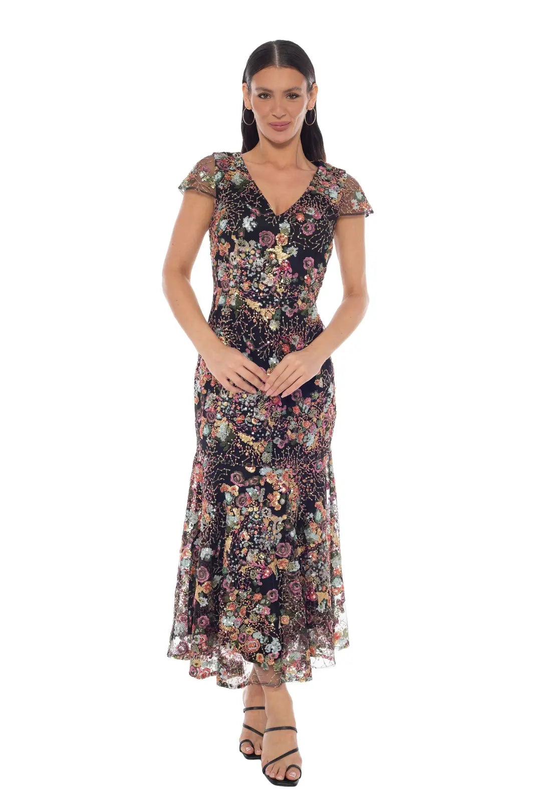 Floral Emboirdered with Sequin All Over Midi Dress
