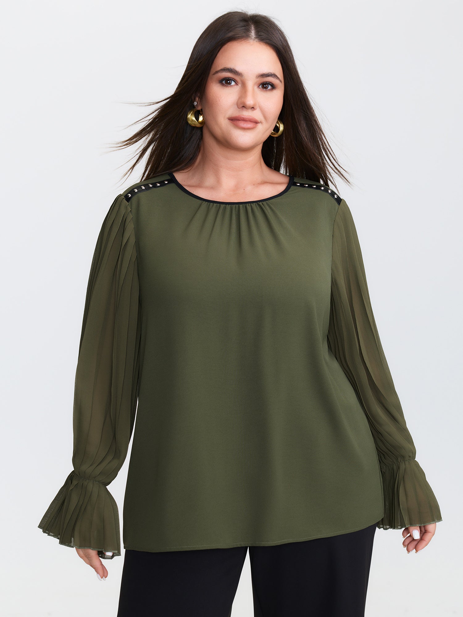 Pleated Sleeve Color Contrast Blouse