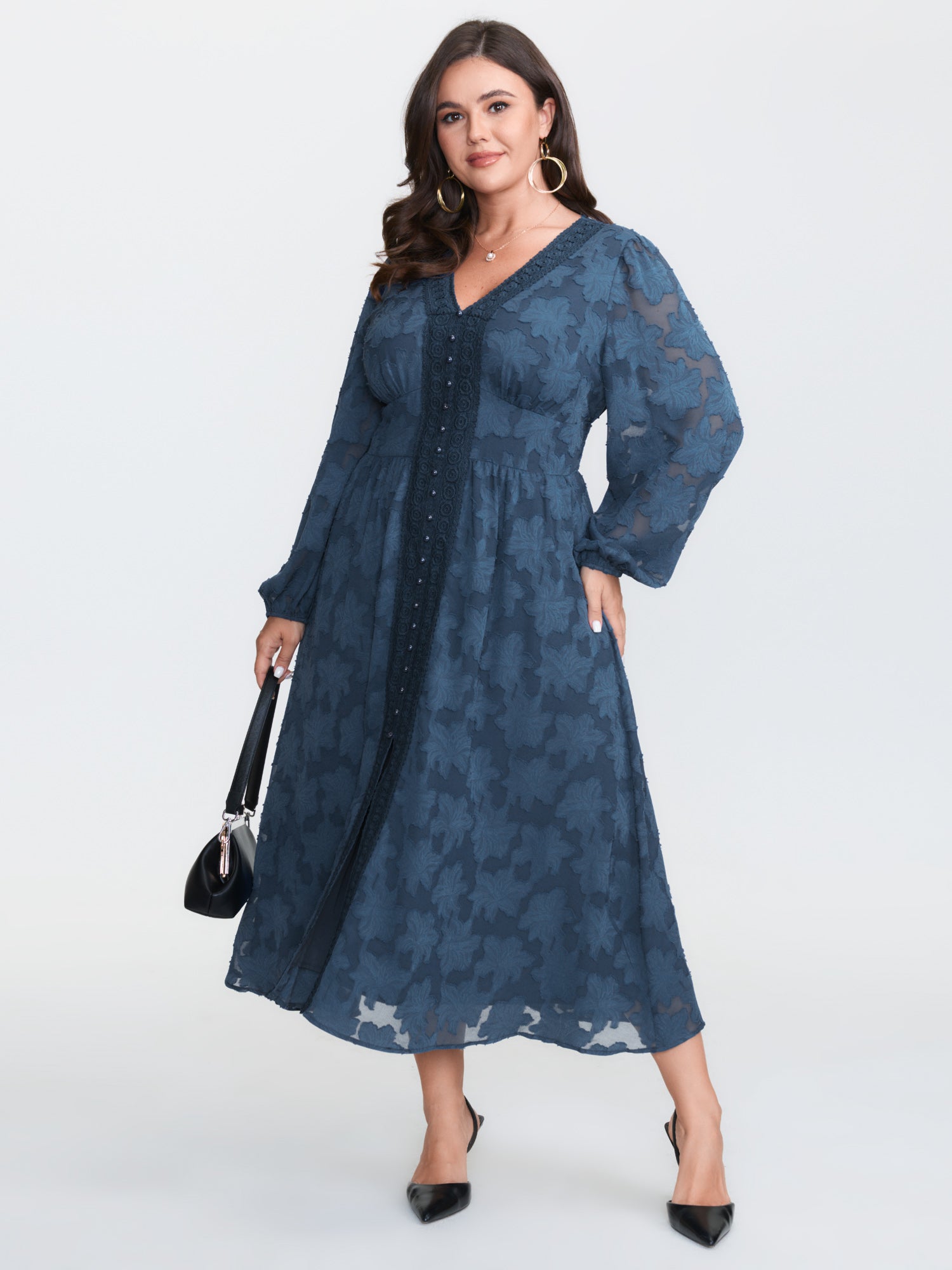 Laser Cut Lace Trim Layered Pockets Midi Dress