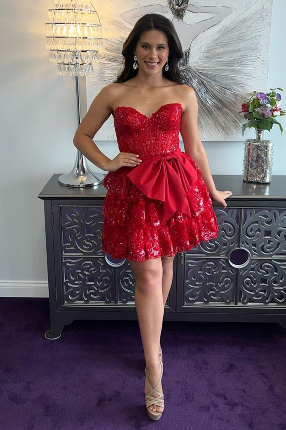 Sparkly A Line Red Strapless Short Homecoming Dress/Mini Dress with Bow