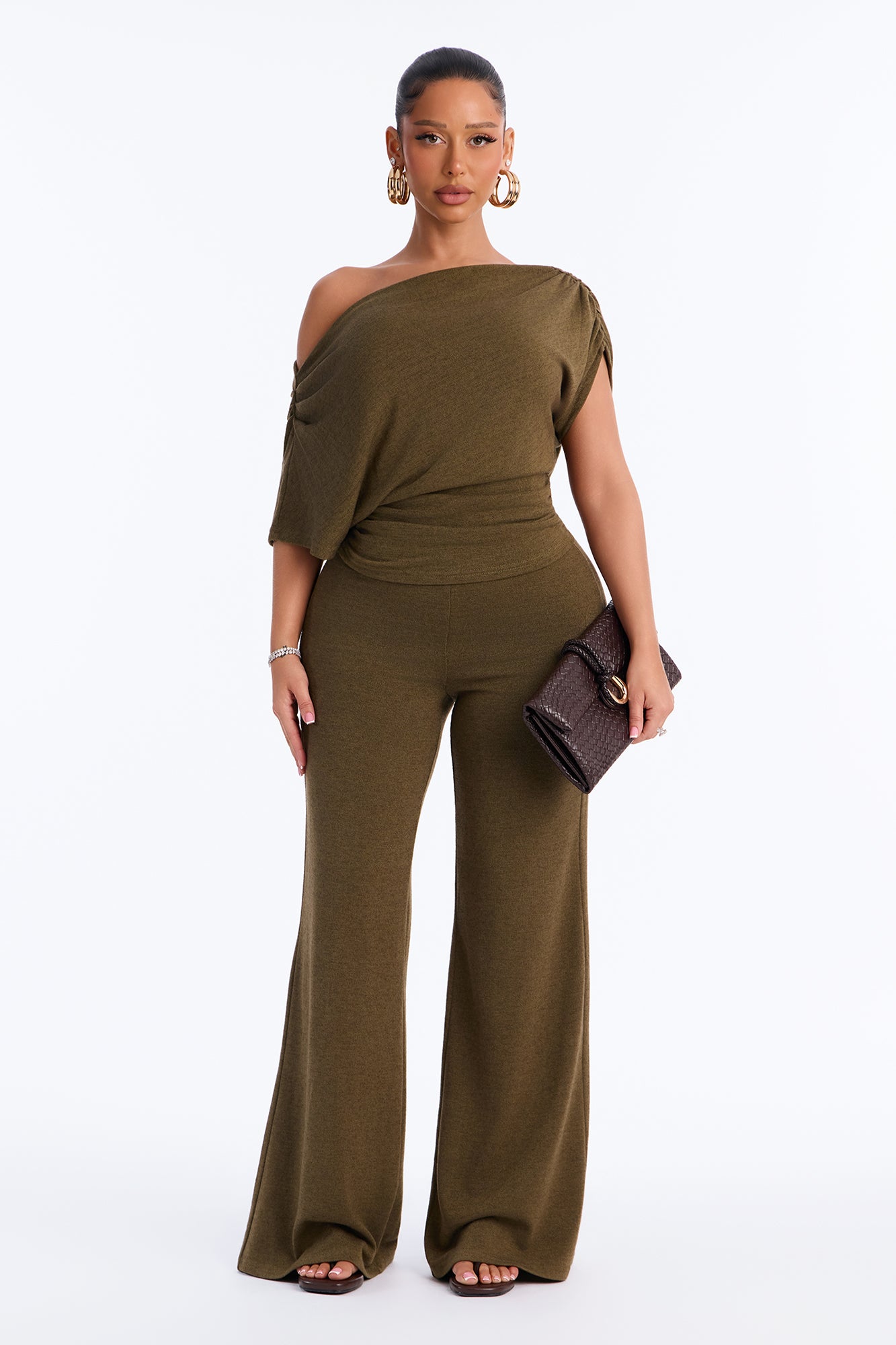 Mariana Knit Off Shoulder Pant Set - Olive