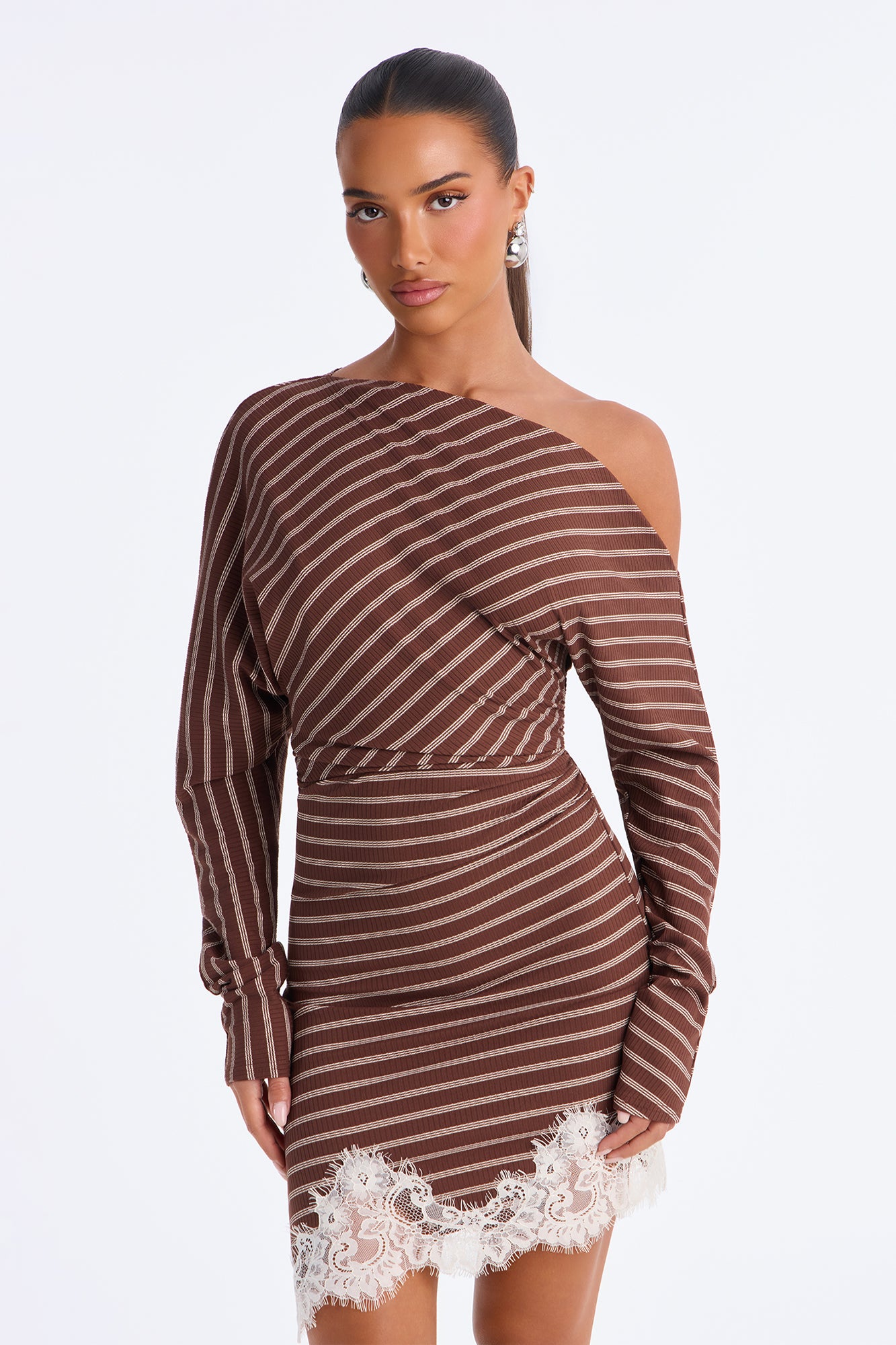 Rory One Shoulder Striped Mini Dress - Brown/combo