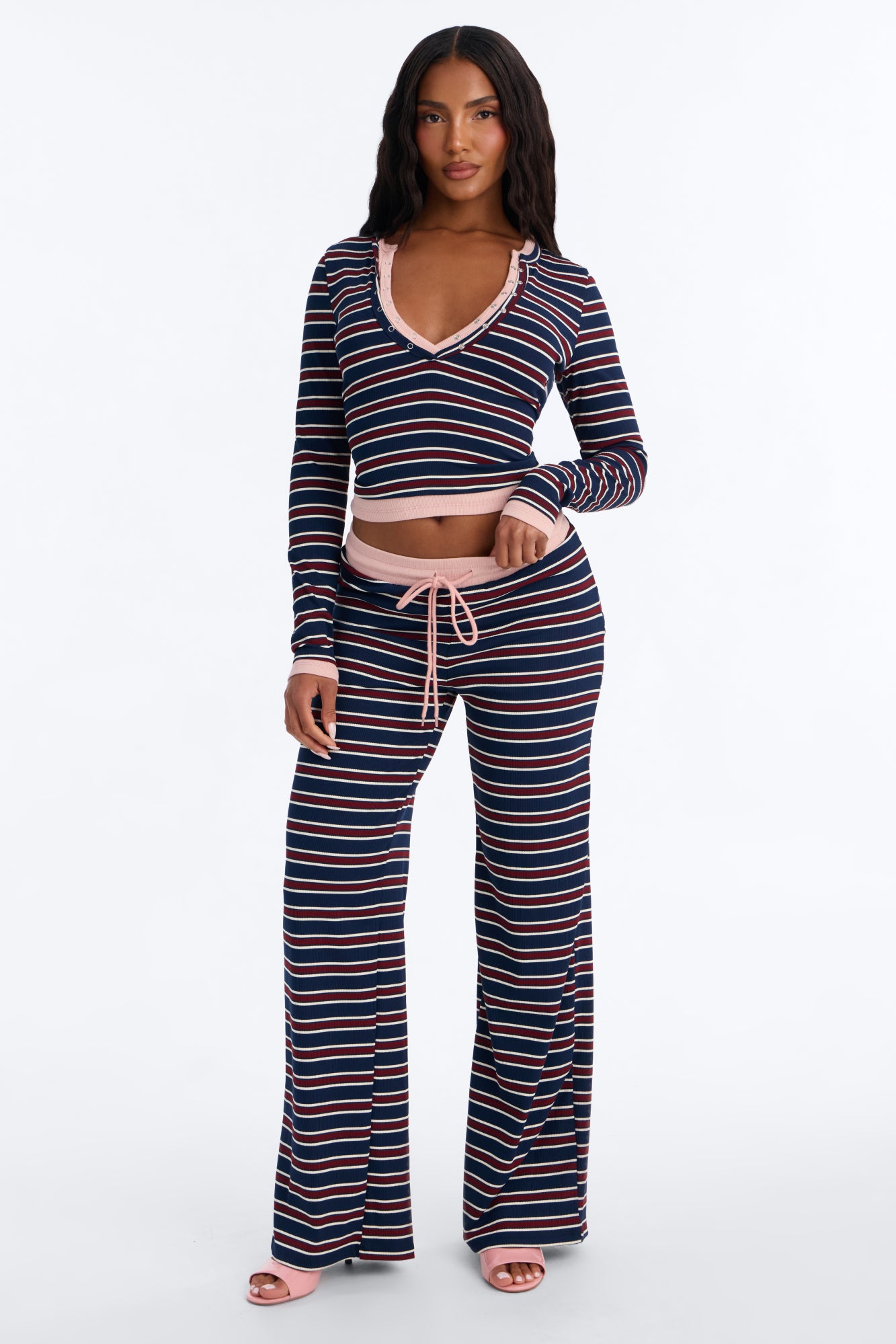 Myka Henley Ribbed Pant Set - Navy/combo