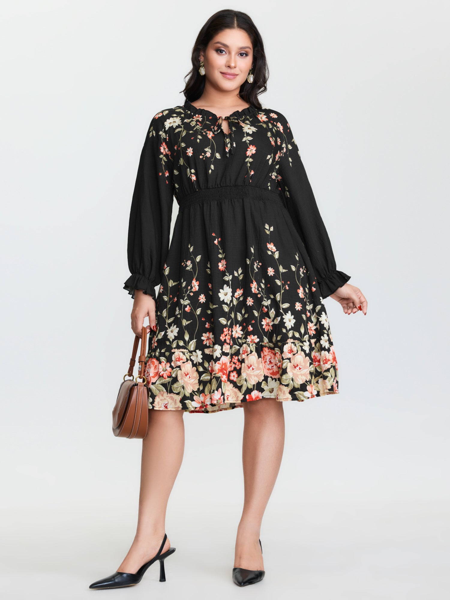 Floral Shirred Waist Neck-Tie Mini Dress