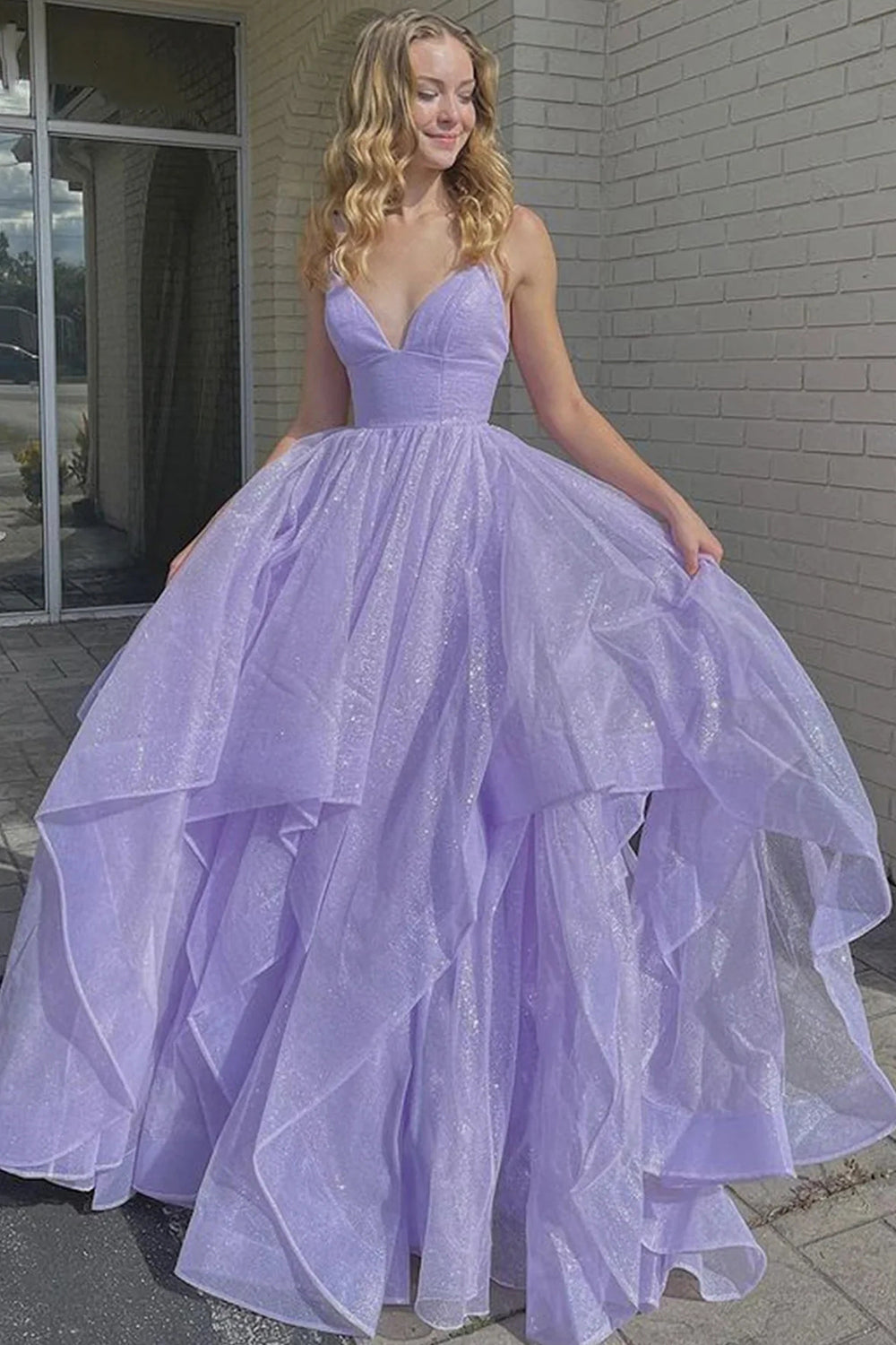 Lilac Long Prom Dress with Spaghetti Straps and Ruffles in A-Line Style