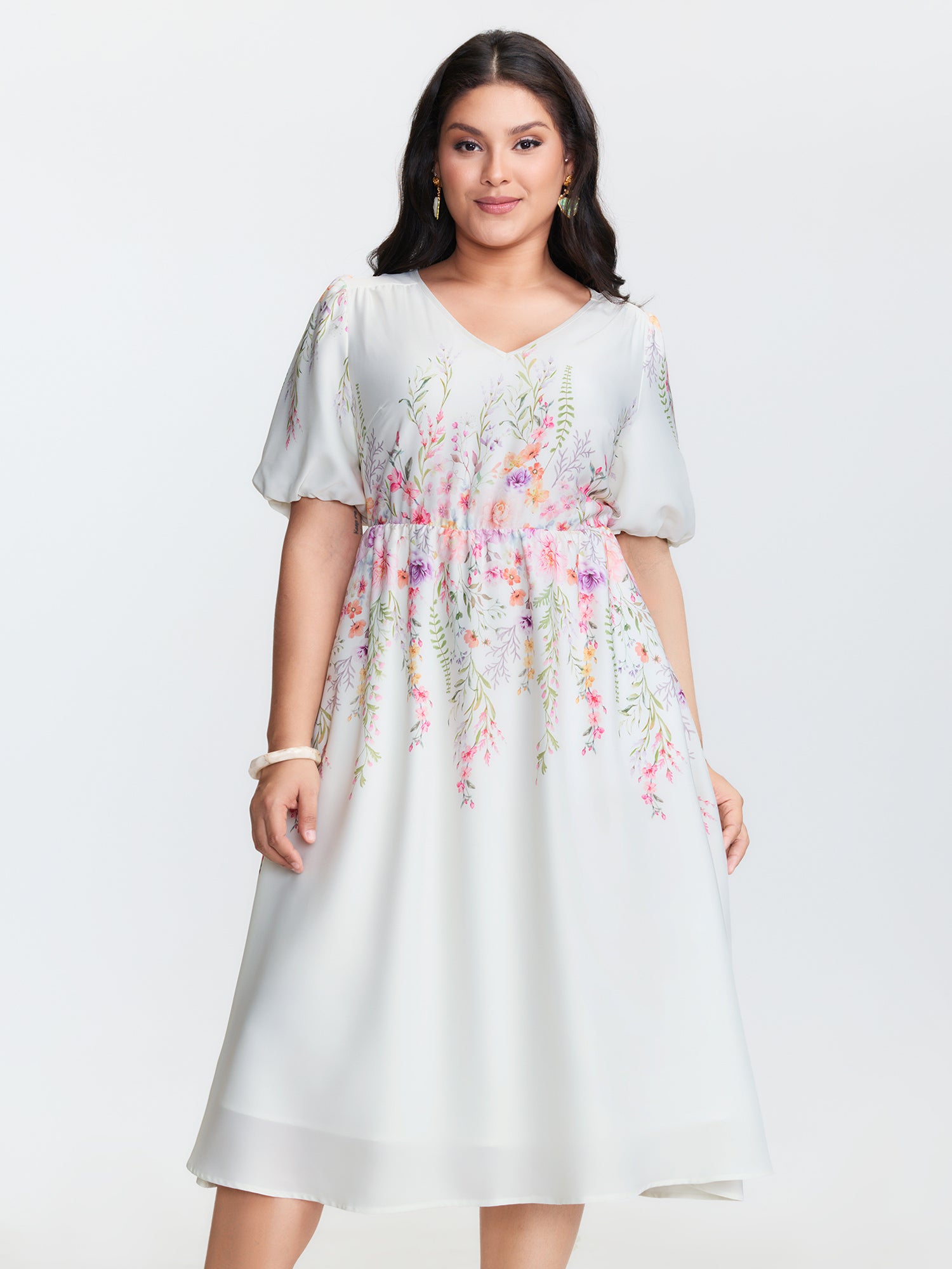 Floral Print V-Neck Bubble Sleeve Midi Dress