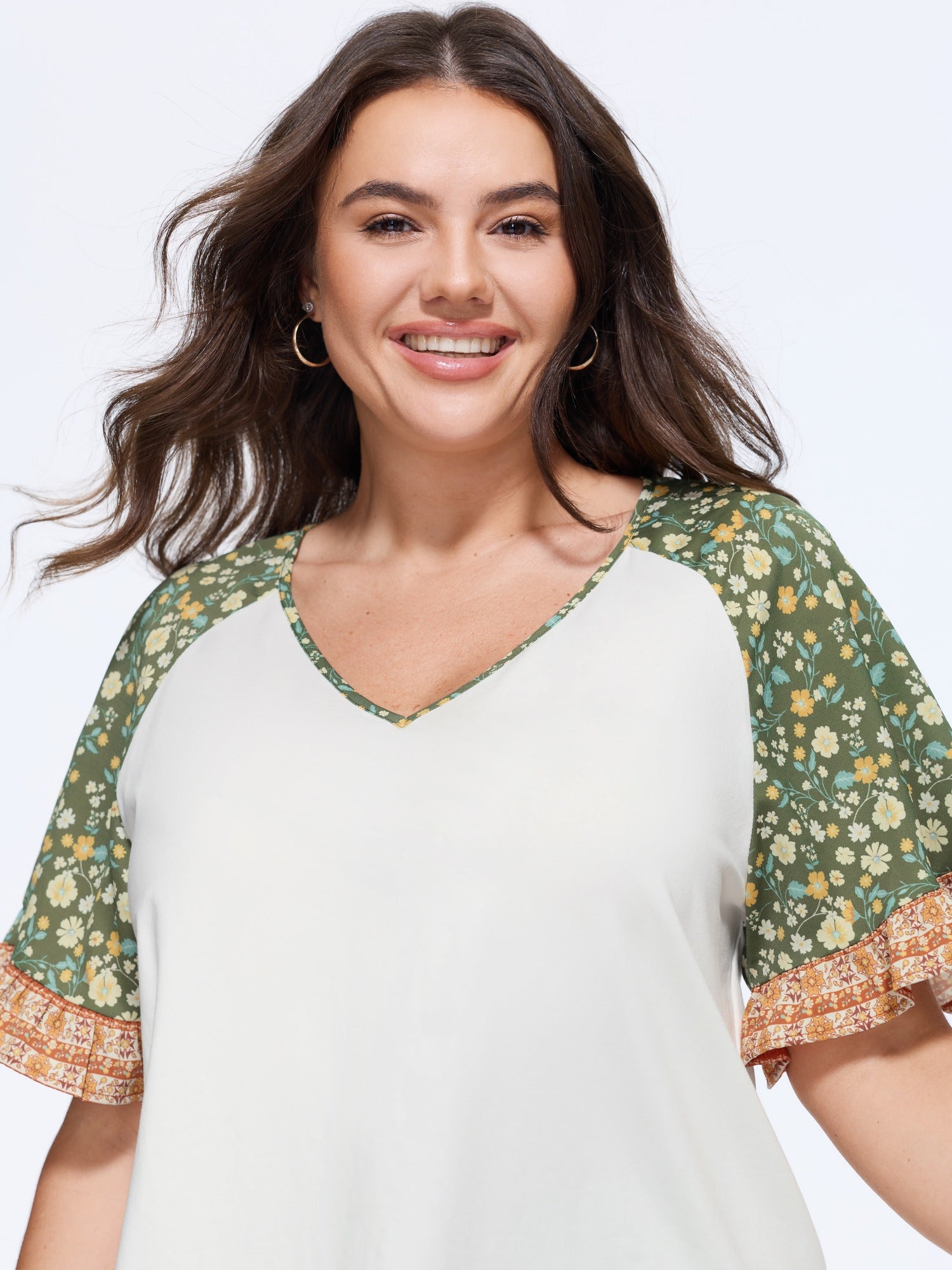 Cotton Floral Raglan Sleeve Curved Hem T-Shirt