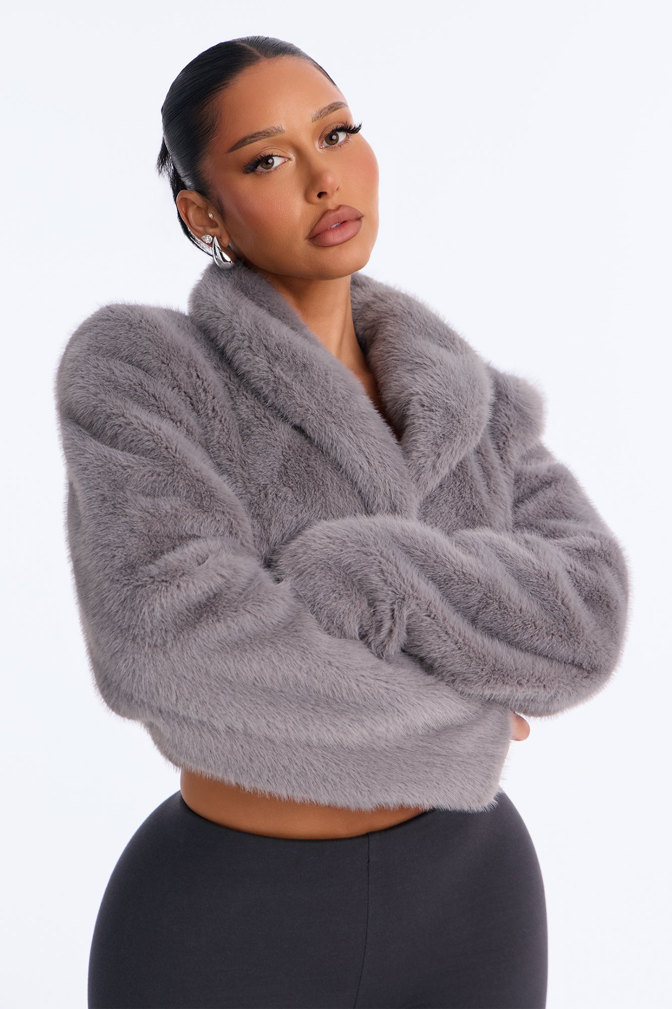 Catherine Faux Fur Stand Collar Cropped Coat - Light Grey
