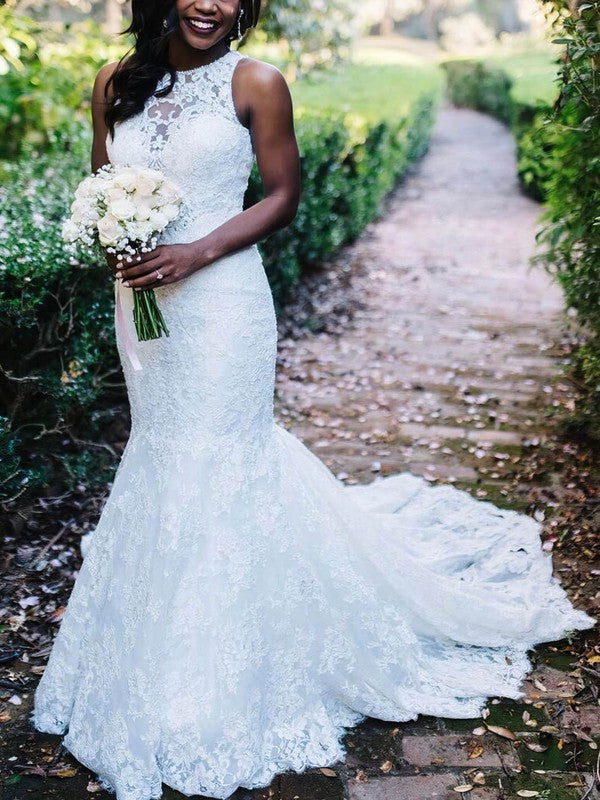 Gorgeous Trumpet Sleeveless Lace Court Train Wedding Dresses