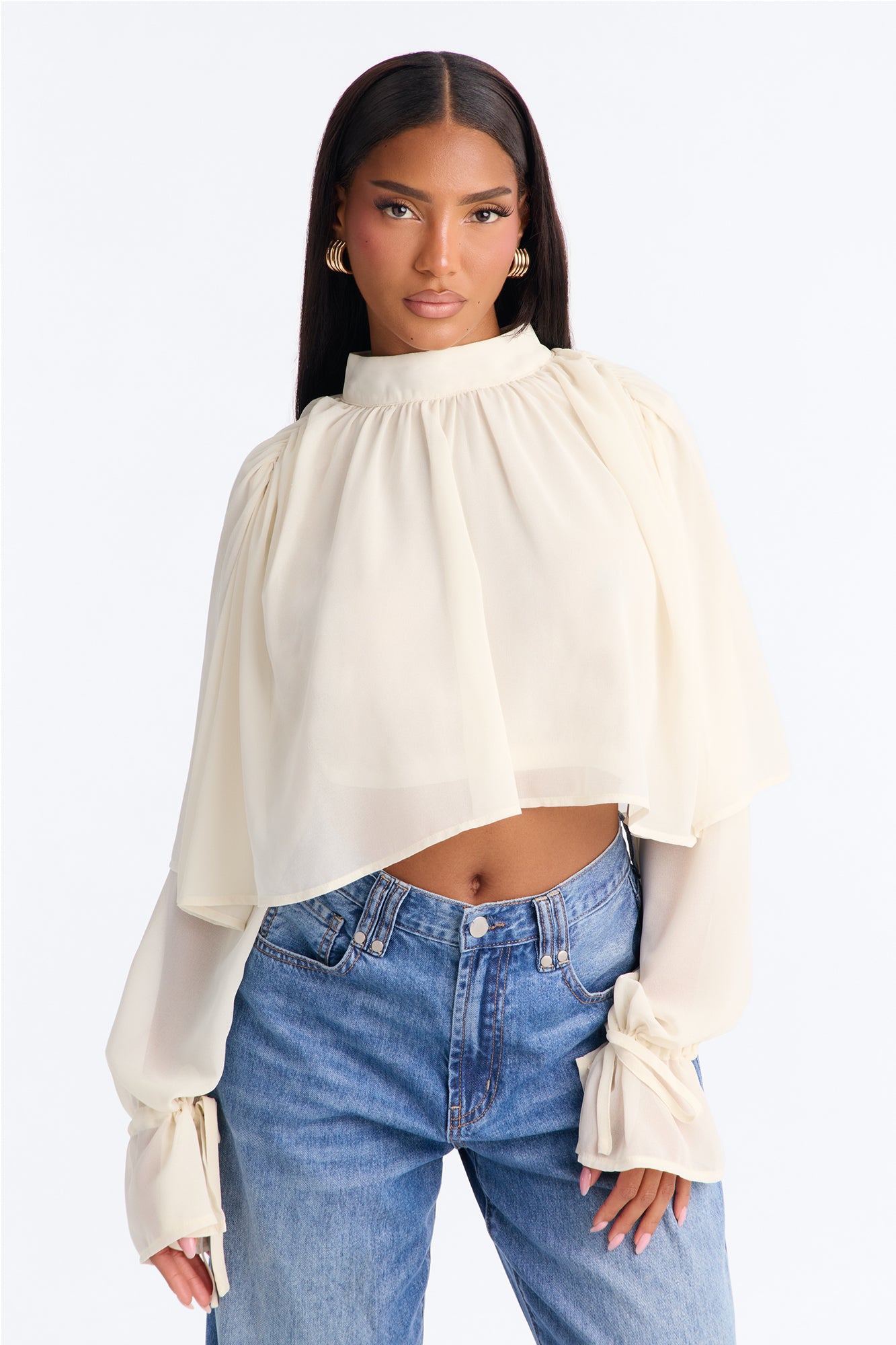 Endless Adoration Mock Neck Chiffon Blouse - Cream