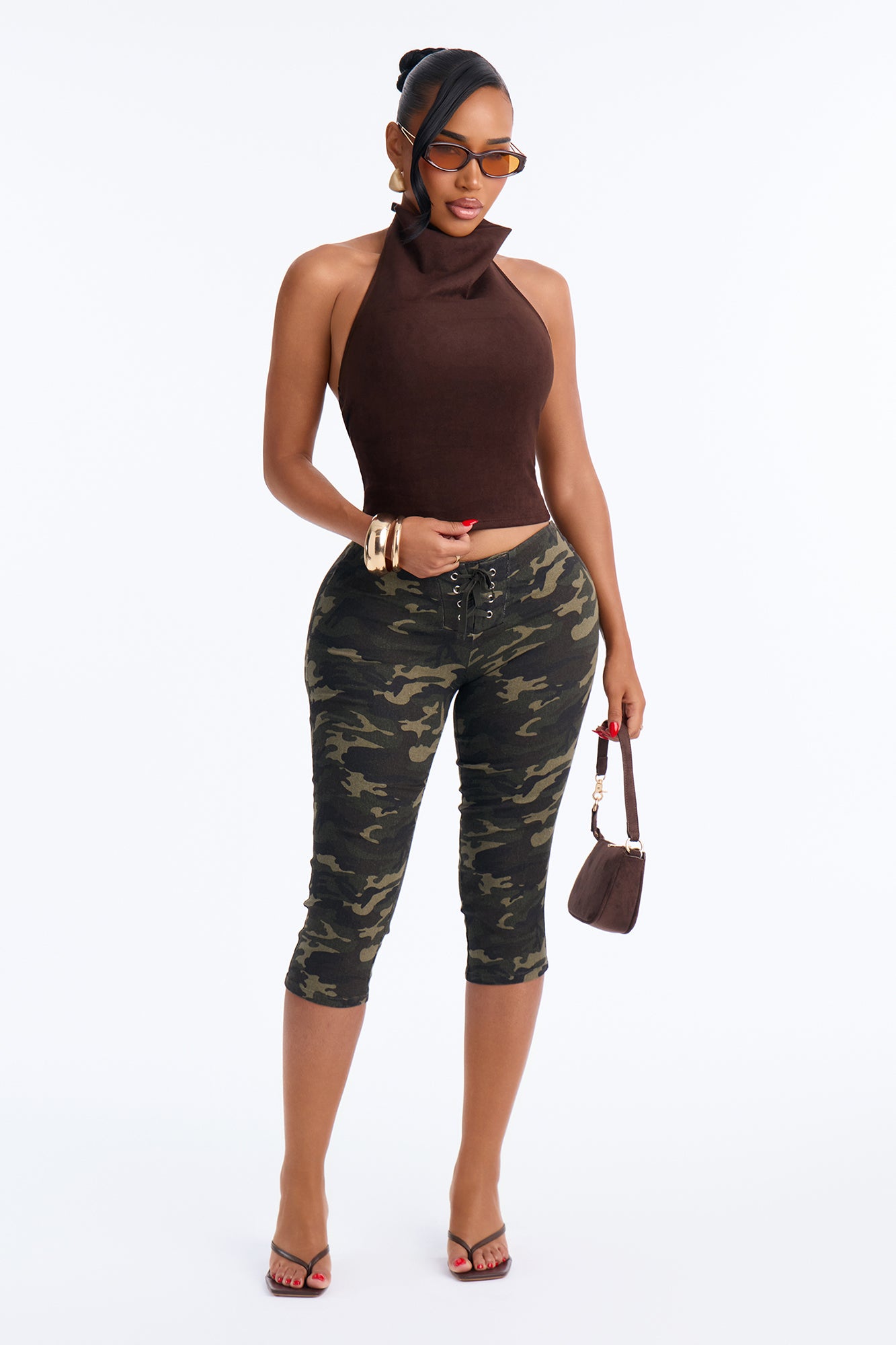Ready Or Not Low Rise Camo Lace Up Capri - Olive/combo