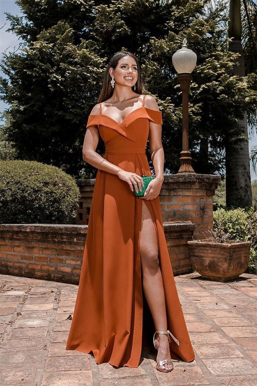 Burnt Orange Evening Dress Spaghetti-Straps Split Sweetheart Off-The-Shoulder