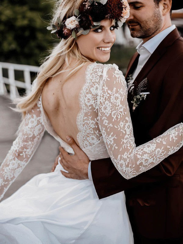 Elegant A-Line V-Neck Long Sleeves Lace Chiffon Court Train Wedding Dresses