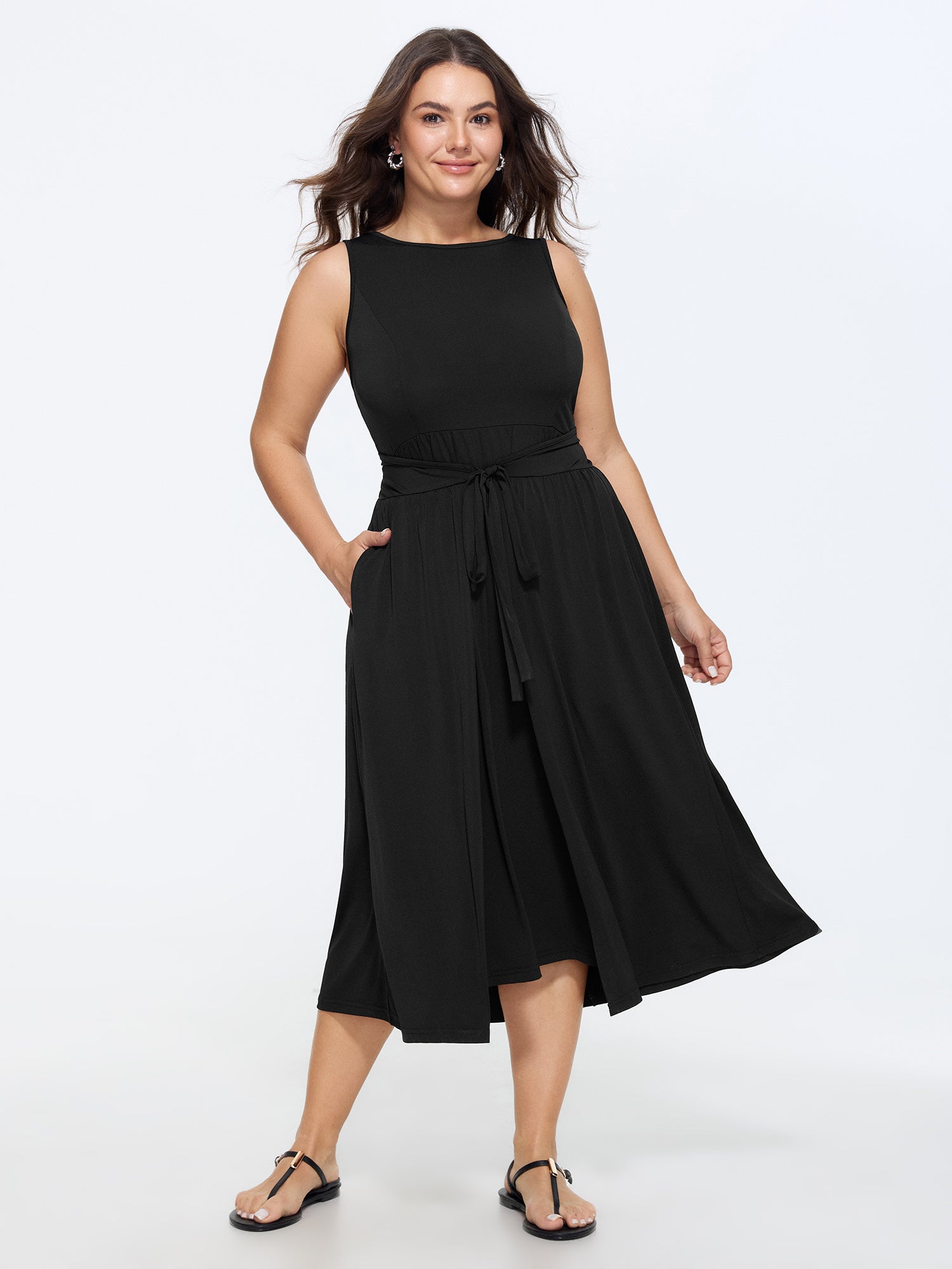 Stretchy Sleeveless Tie Waist Pocket Midi Dress