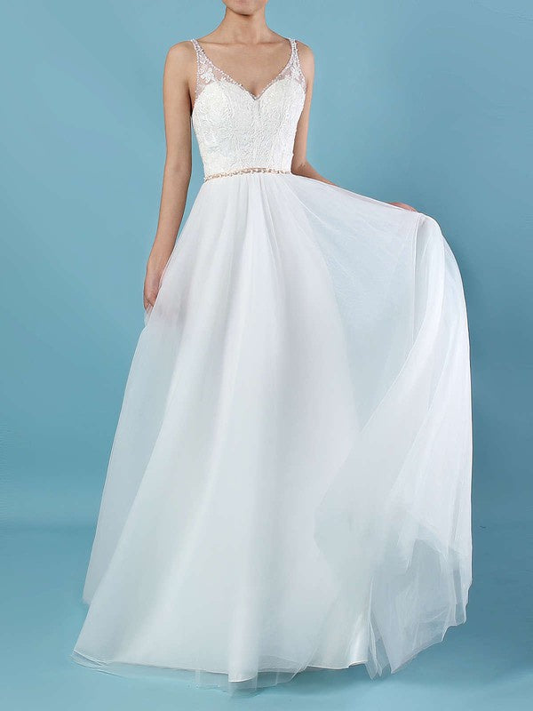 Beautiful A-Line V-Neck Backless Sweep Train Tulle Lace Wedding Dresses
