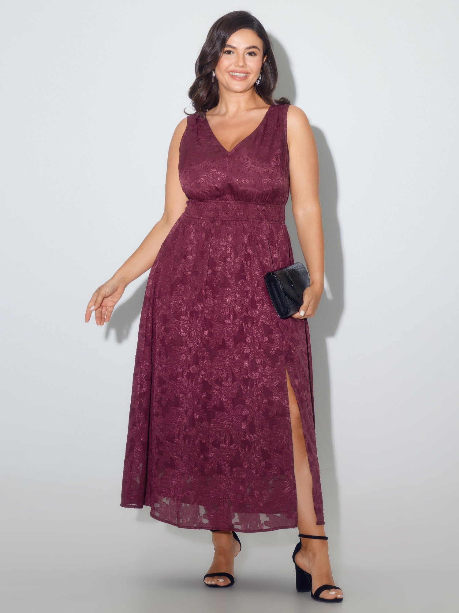 Floral Jacquard Shirred Waist Side Slit Maxi Dress