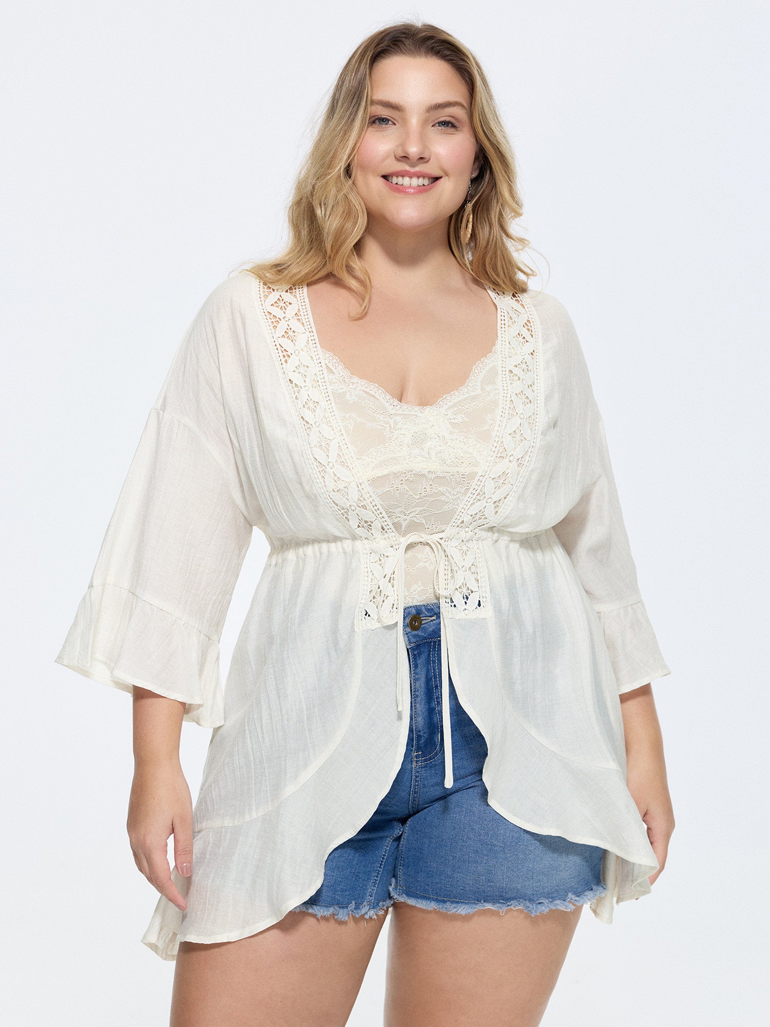 Linen Blend Sheer Ruffled Detail Plain Cover-Up