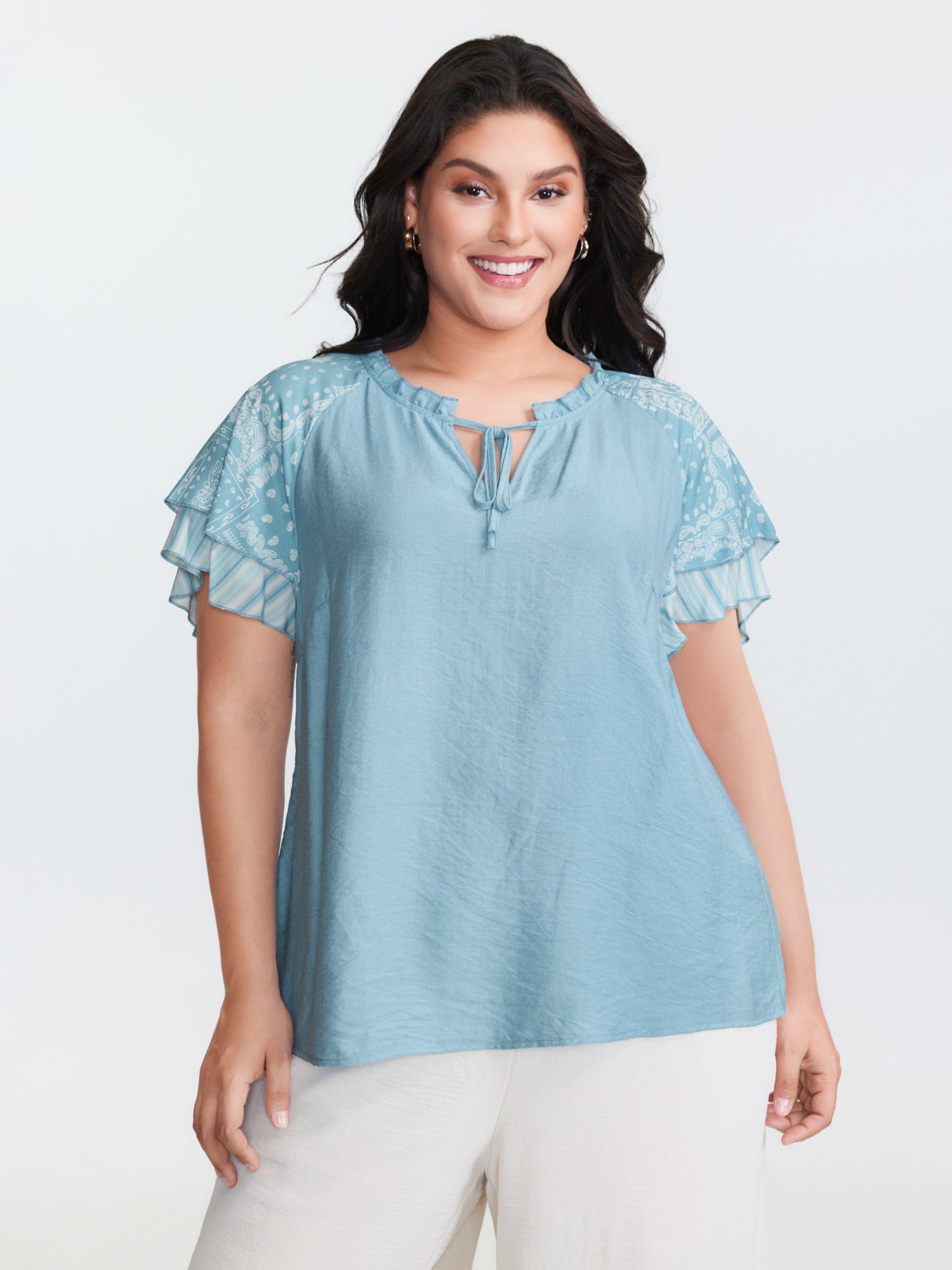 Rayon Color Contrast Ruffled Sleeve Blouse
