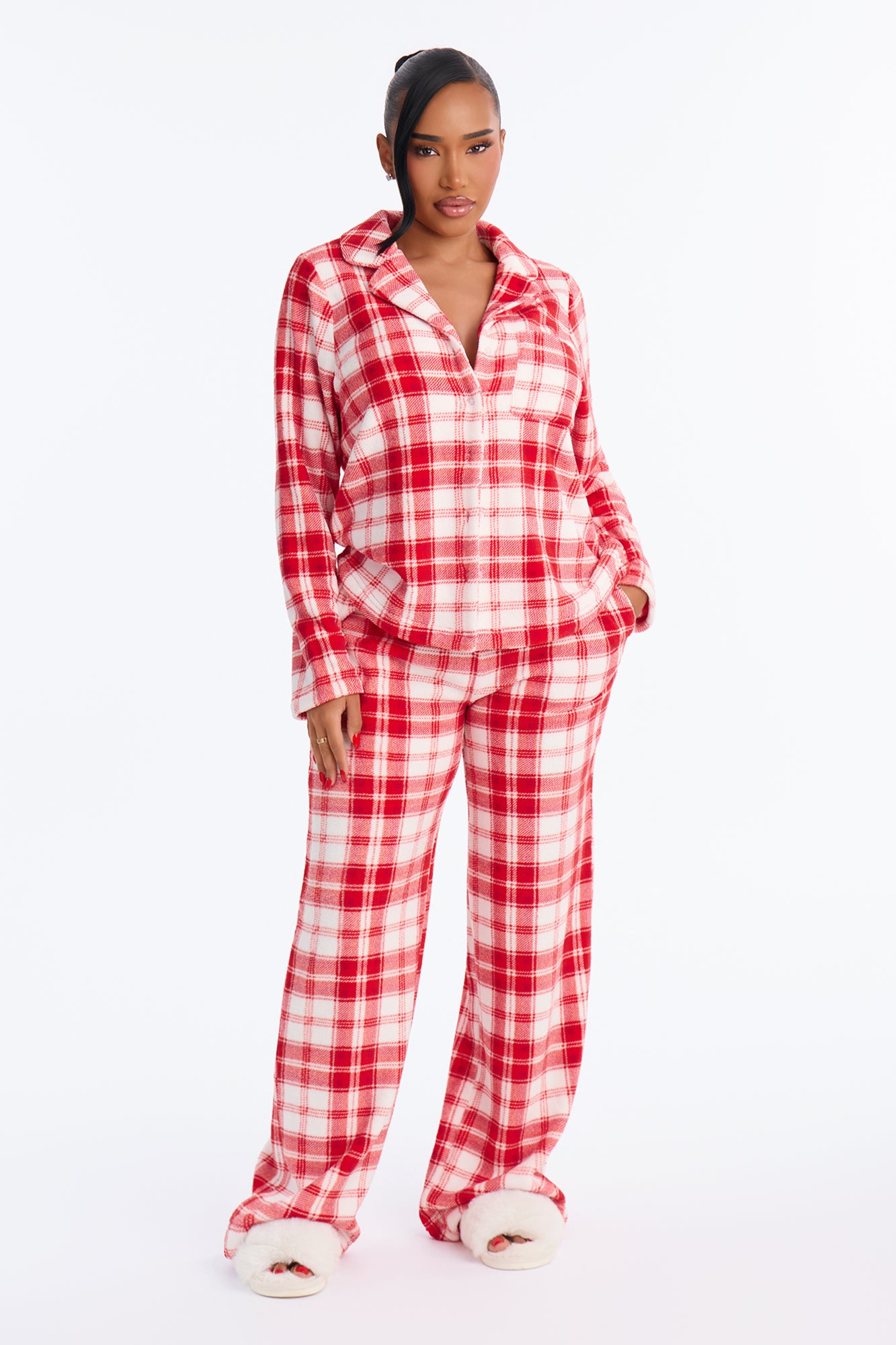 Lazy Sunday Morning Plaid Morning Collared Plush PJ Pant Set - Red/White