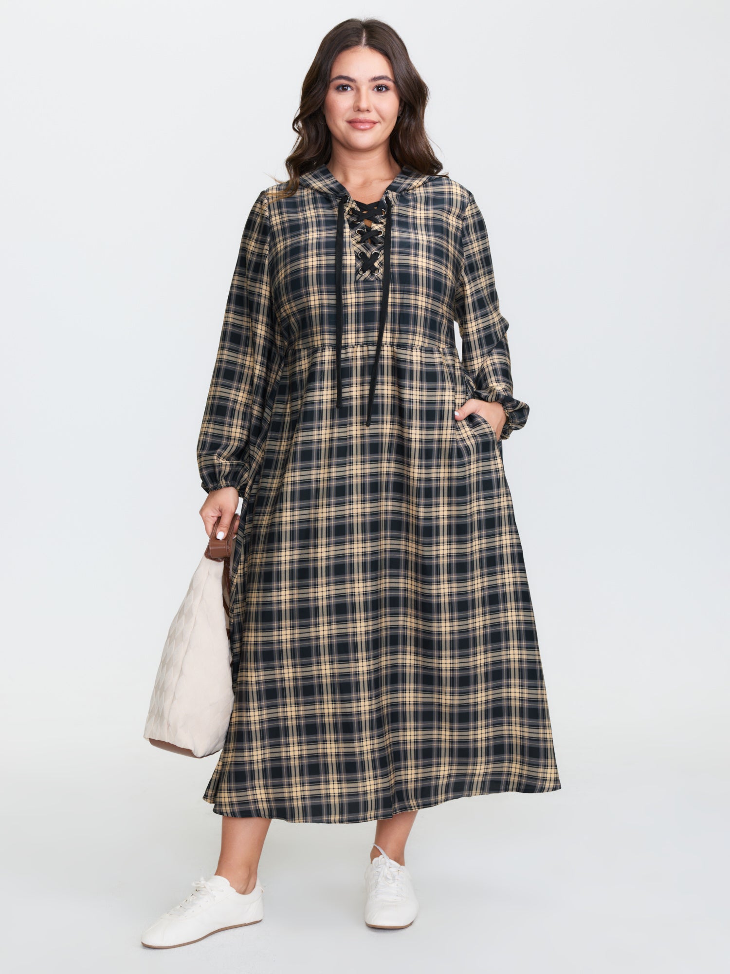 Checkered Pattern Hooded Drawstring Midi Dress