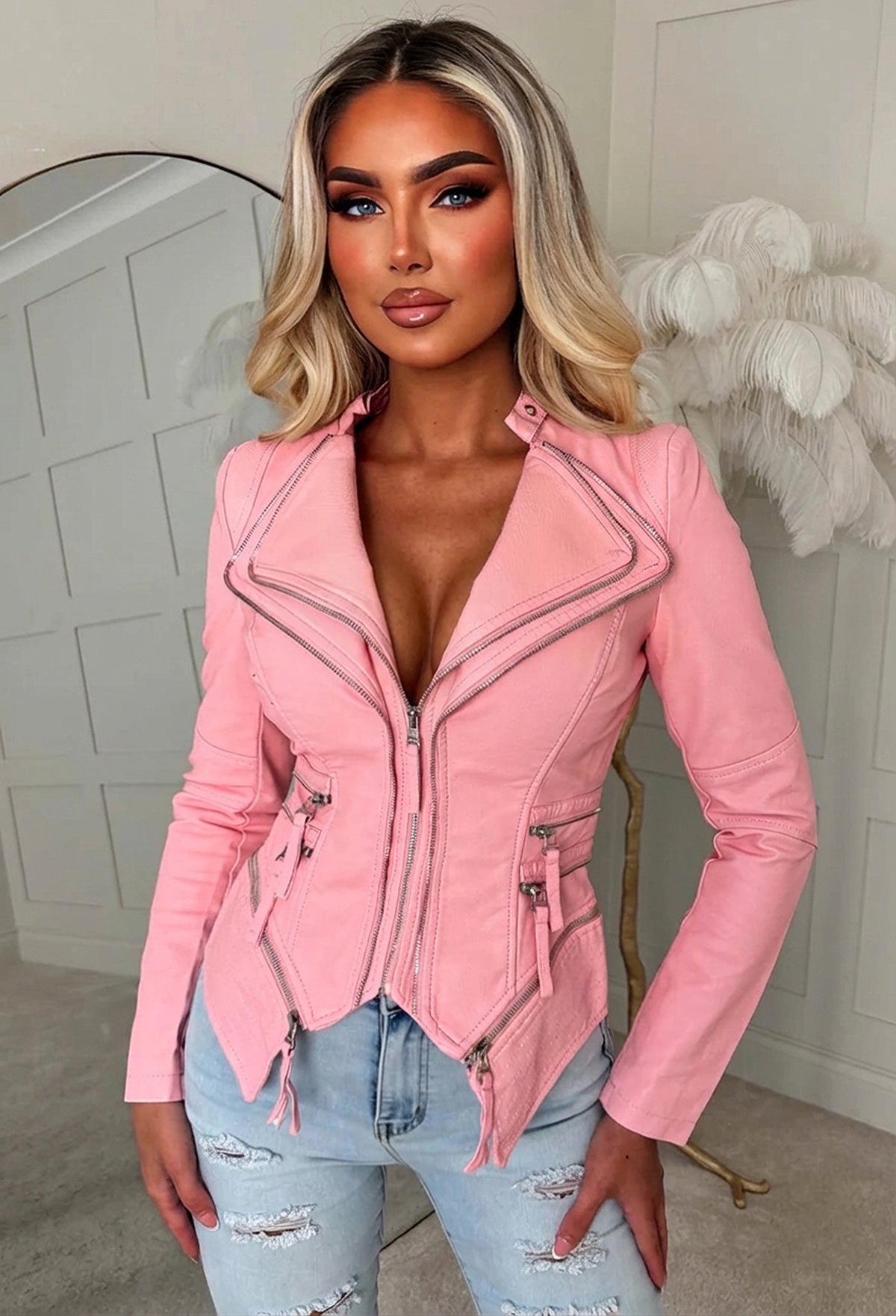 You're So Gone Pink Fitted Faux Leather Biker Jacket