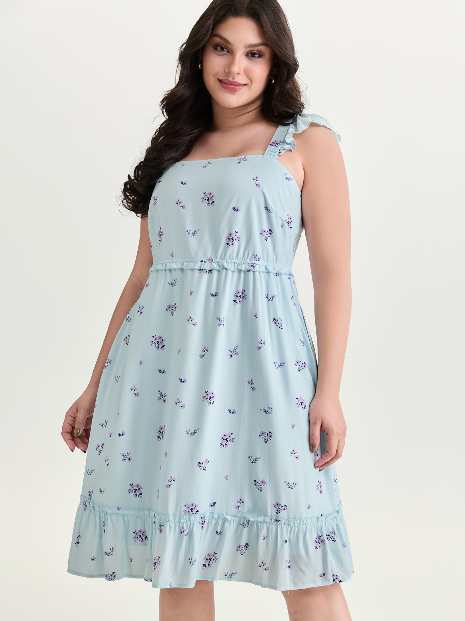 Soft Floral Print Ruffled Detail Mini Dress