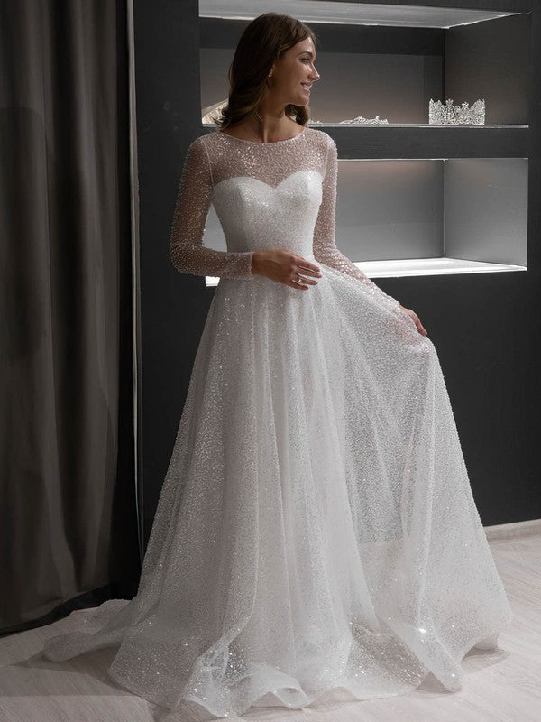 Deluxe A-Line Crew Neck Long Sleeves Sequined Sweep Train Wedding Dresses