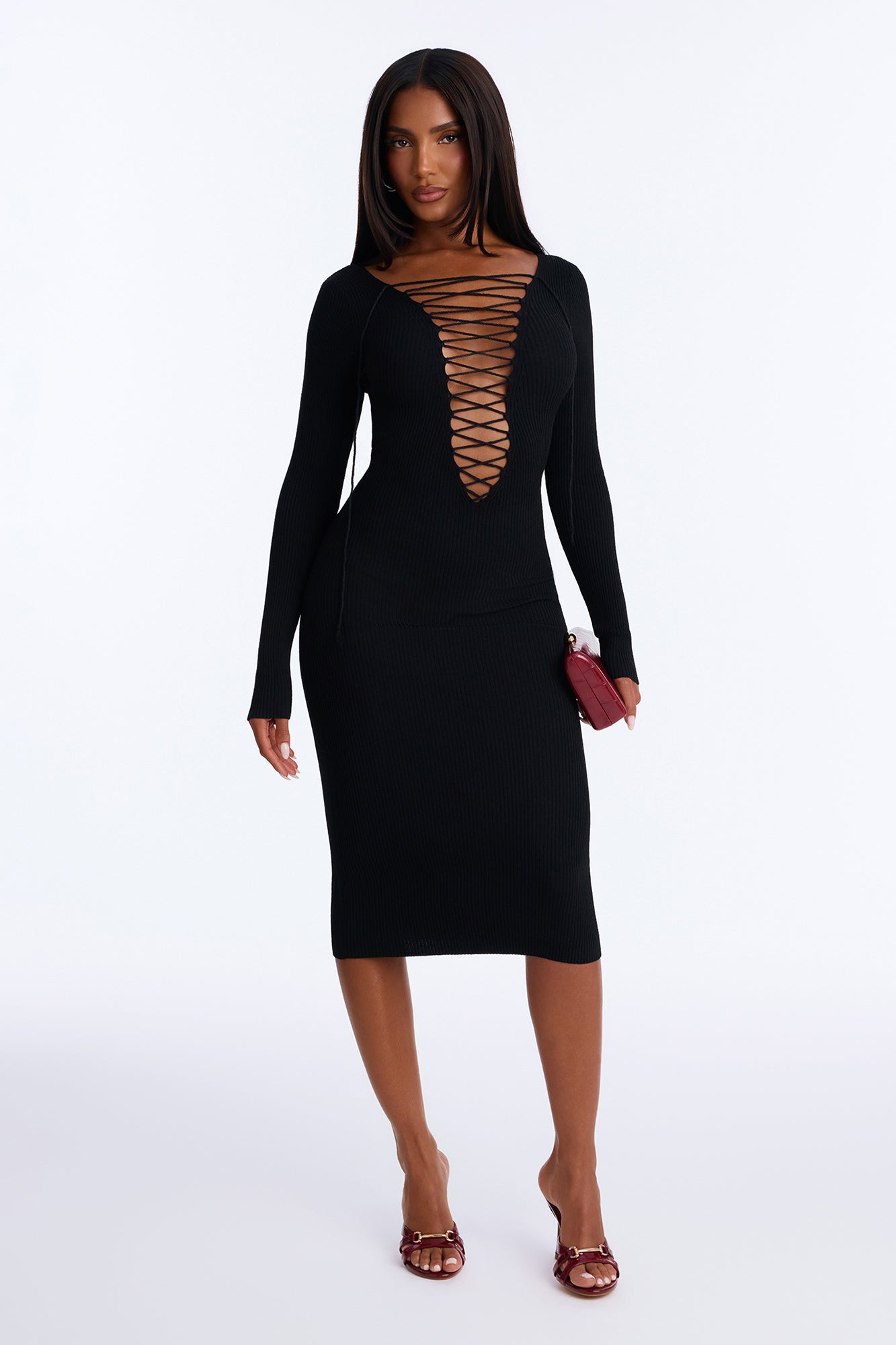 Katia Lace Up Long Sleeve Sweater Midi Dress - Black