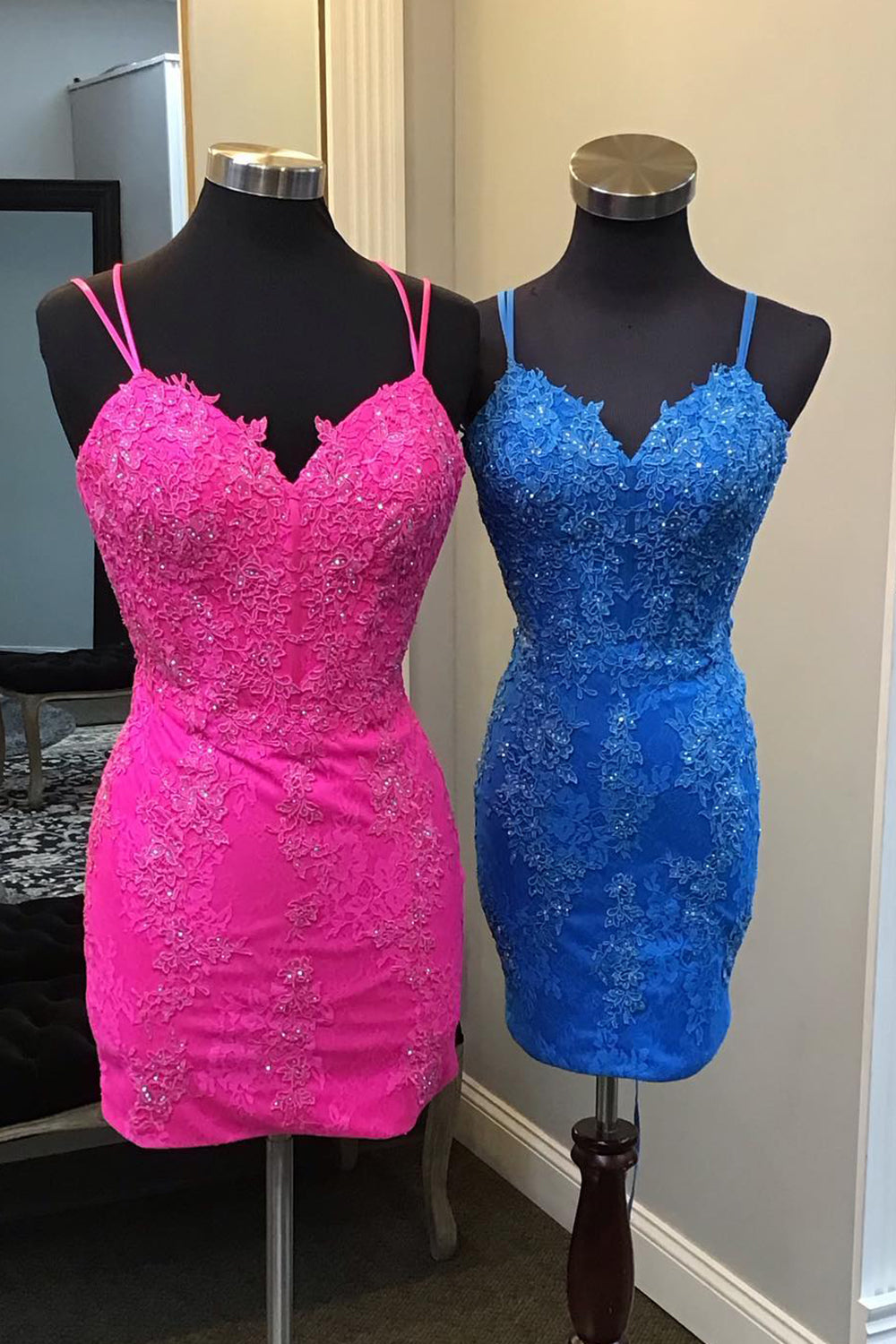 Sparkly Fuchsia Lace Tight Short Homecoming Dress/Mini Dress